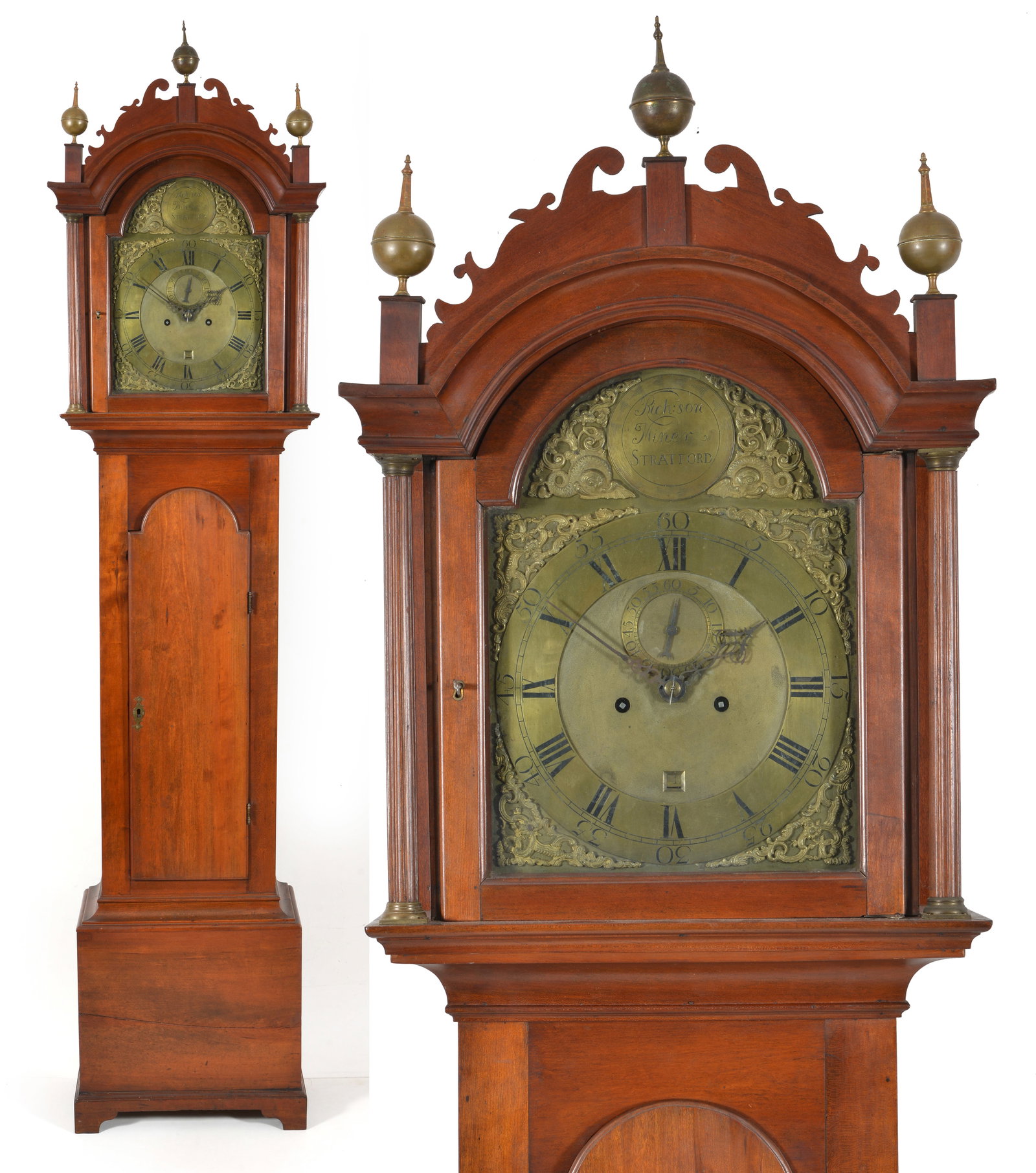 Connecticut cherry tall case clock with brass dial, Richardson Minor, Stratford, Connecticut, circa (1 of 13)