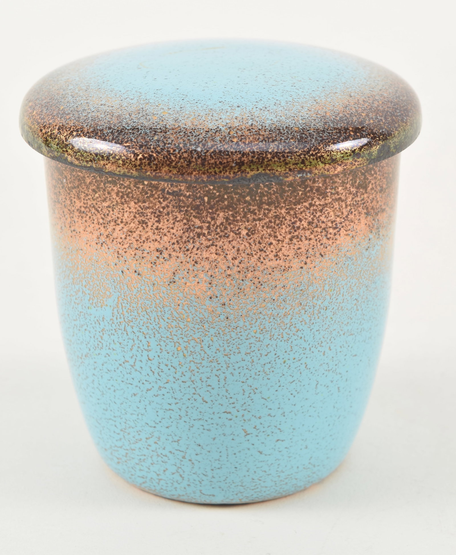 Jade Snow Wong arts & crafts enameled copper covered cup. Signed on underside along with "San: Jade Snow Wong arts & crafts enameled copper covered cup. Signed on underside along with "San Francisco for V. C. Morris". Numbered 18-13. 3in high.