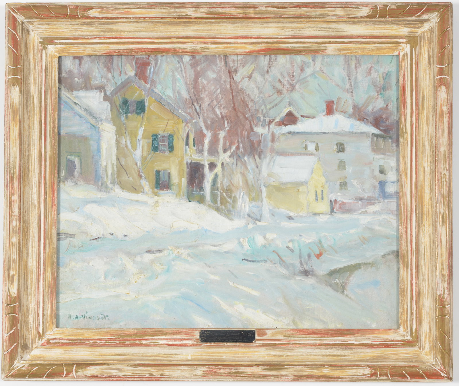 Harry Aiken Vincent. "Rockport MA in Winter". Fine impressionist winter street scene with houses.: Harry Aiken Vincent. "Rockport MA in Winter". Fine impressionist winter street scene with houses. Oil on canvas. In a vintage arts and crafts frame. Signed lower left. Silver presentation plaque dated