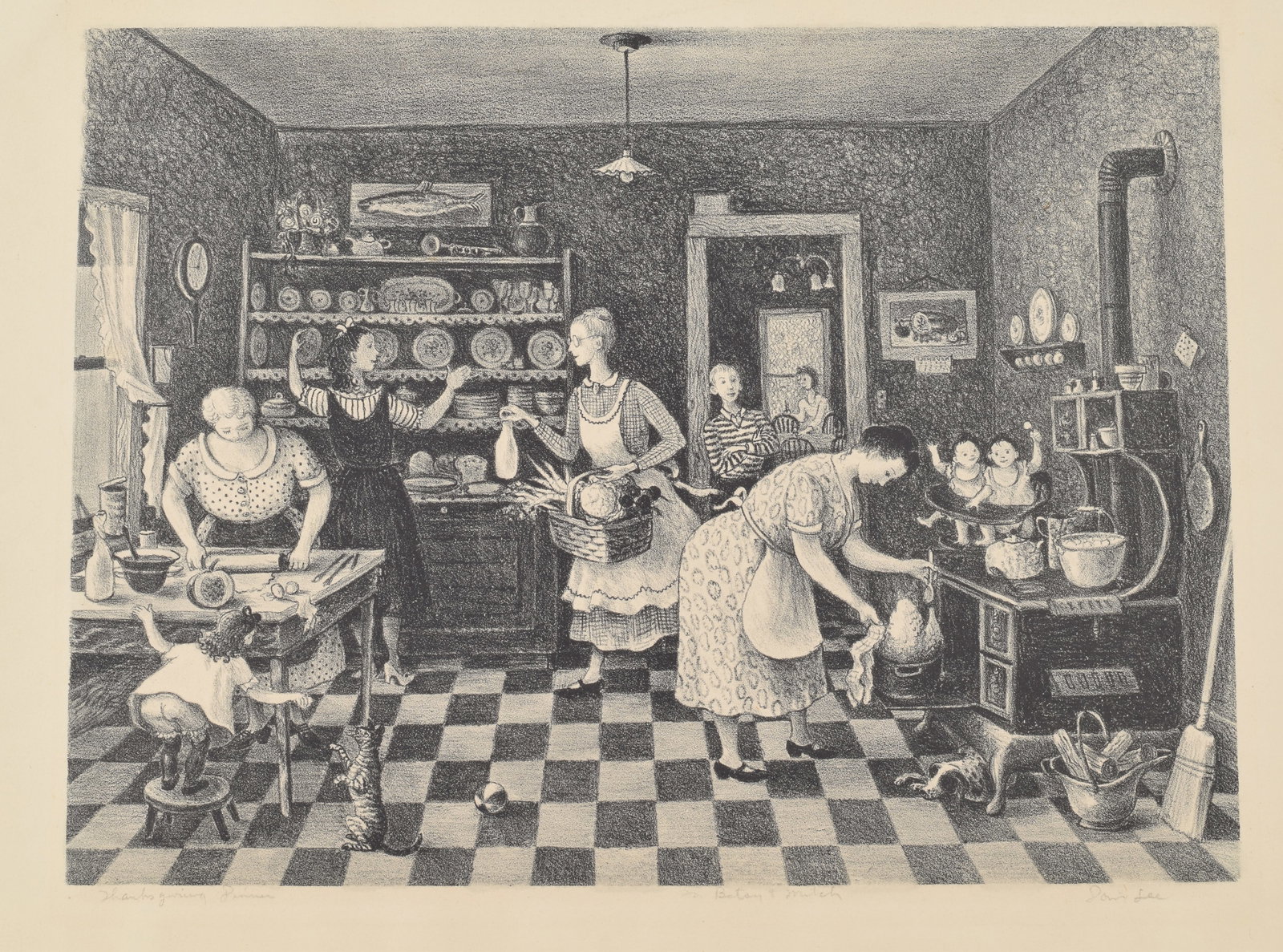 Doris Lee. "Thanksgiving Dinner". Original signed and titled lithograph. Dedicated to "Betsy and (1 of 5)