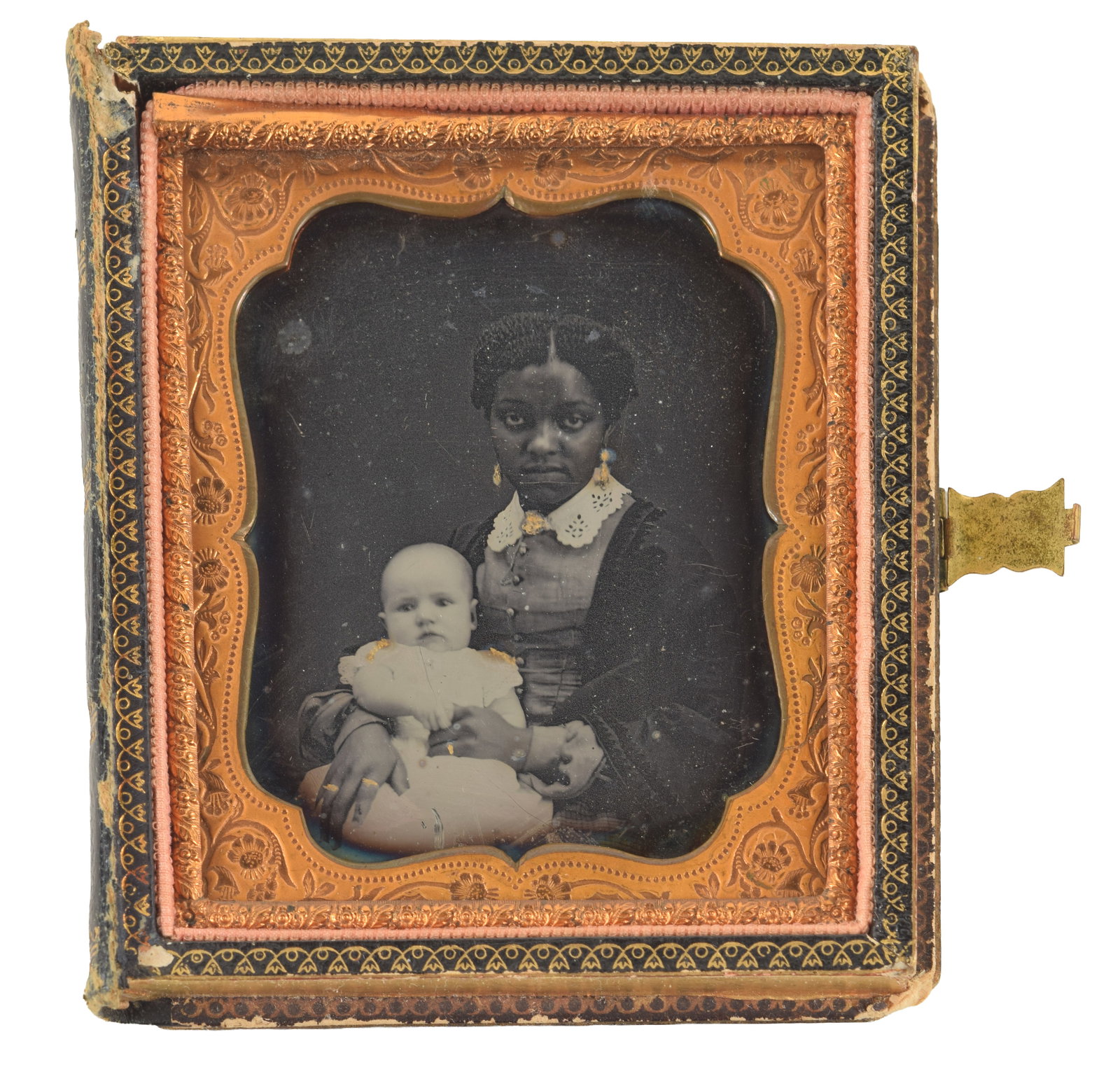 Rare sixth plate daguerreotype of a young African American nanny holding a white baby, mid 19th (1 of 5)