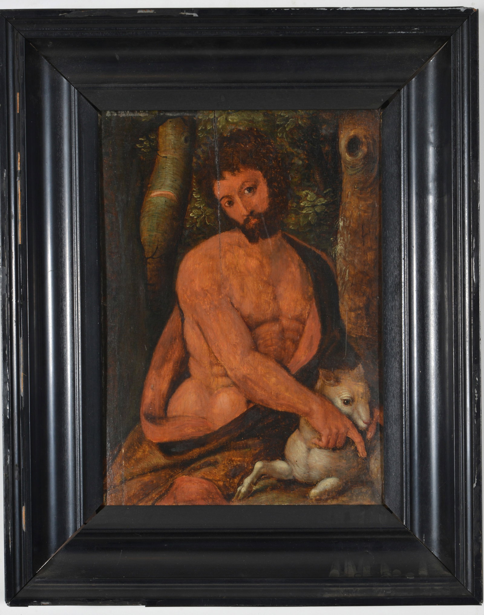 Old master painting of John the Baptist. Oil on oak panel. Framed. Split and restoration. Sight: 14 (1 of 9)