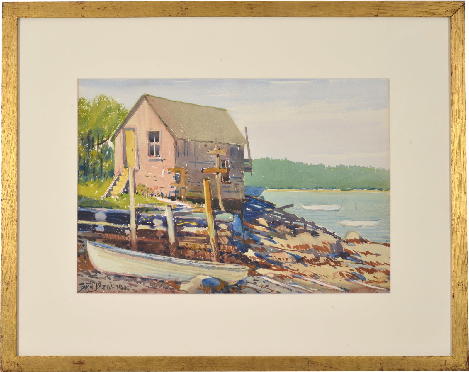 Dwight Blaney. Watercolor Maine scene "The Old Boat House". 1925. Coastal inlet scene of a boat: Dwight Blaney. Watercolor Maine scene "The Old Boat House". 1925. Coastal inlet scene of a boat house and boat on shore. Probably Iron Bound Island. Signed and dated lower left. Framed under glass. Am