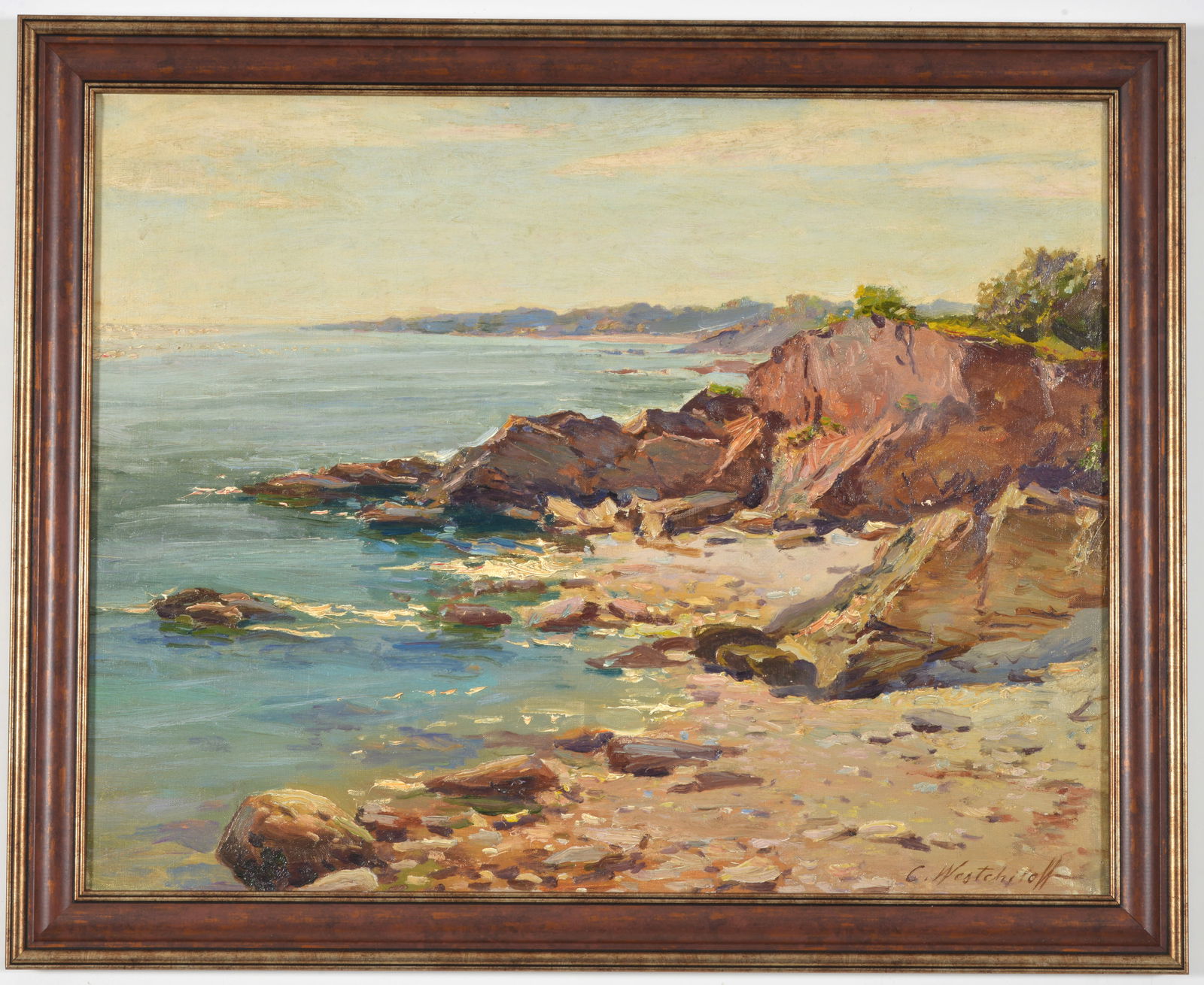 Konstantin Westchiloff. "Southern Maine Coast". Bright impressionist coastal scene with rocky: Konstantin Westchiloff. "Southern Maine Coast". Bright impressionist coastal scene with rocky shoreline. Signed lower right. Framed. Inscription on stretcher. Remnants of NYC label. Sight: 22 x 28in.
