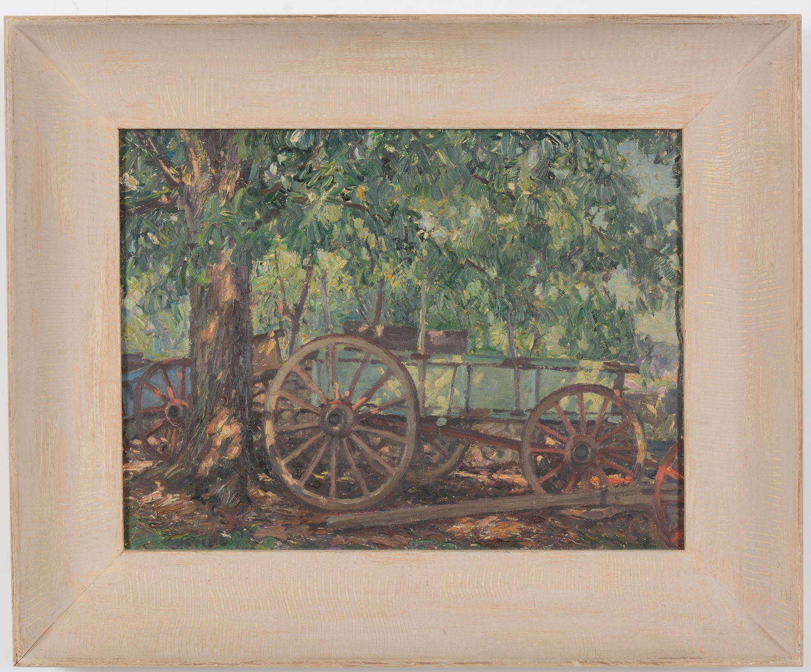 Wilson Irvine. "Old Wagon". Wooded landscape with old wagons. Oil on board. Framed. Sight: 12 x: Wilson Irvine. "Old Wagon". Wooded landscape with old wagons. Oil on board. Framed. Sight: 12 x 16in. Overall: 17.5 x 21.5in. Provenance: By descent through the family of Wilson Irvine.