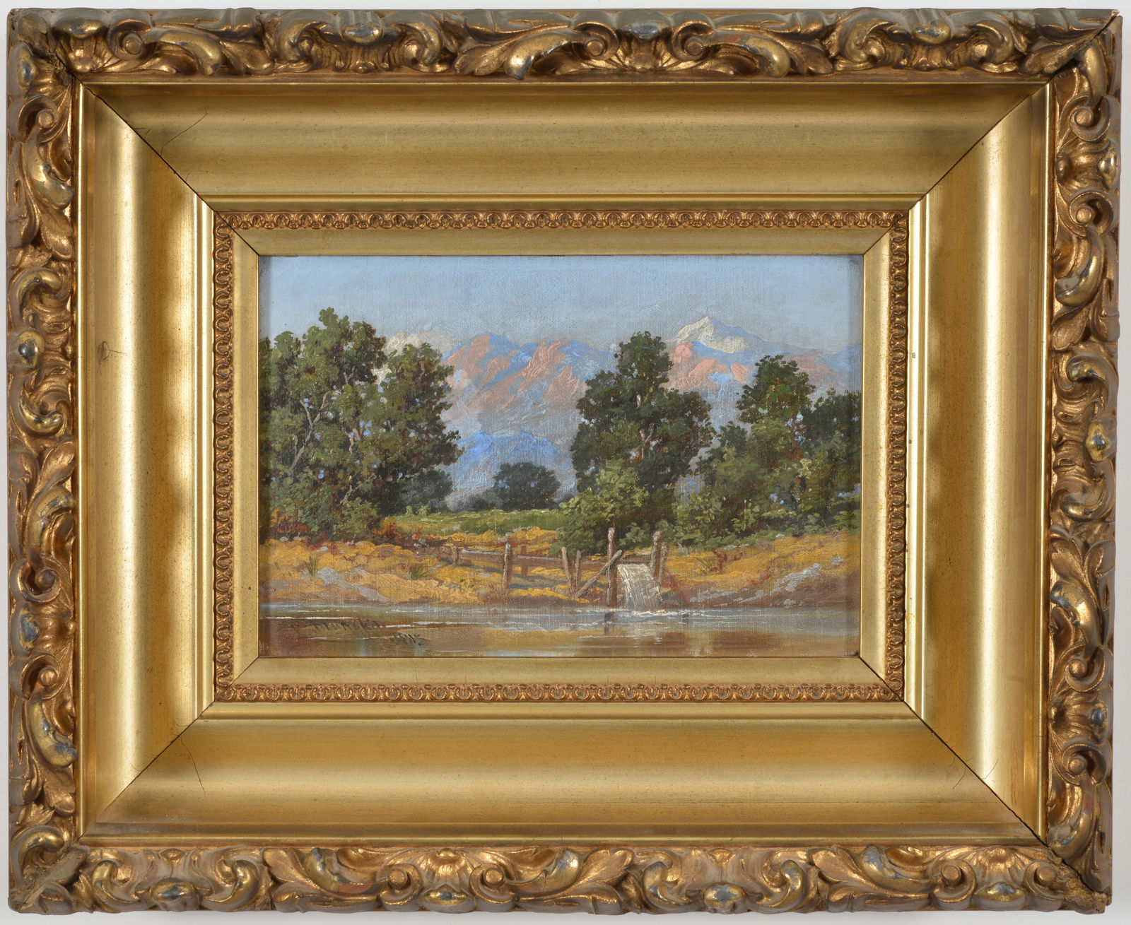 American West landscape painting, late 19th/early 20th century. Gold mining sluice before a: American West landscape painting, late 19th/early 20th century. Gold mining sluice before a mountainous landscape. Oil on board. Signed and possibly dated illegibly lower left. Framed. Sight: 6.75 x 9