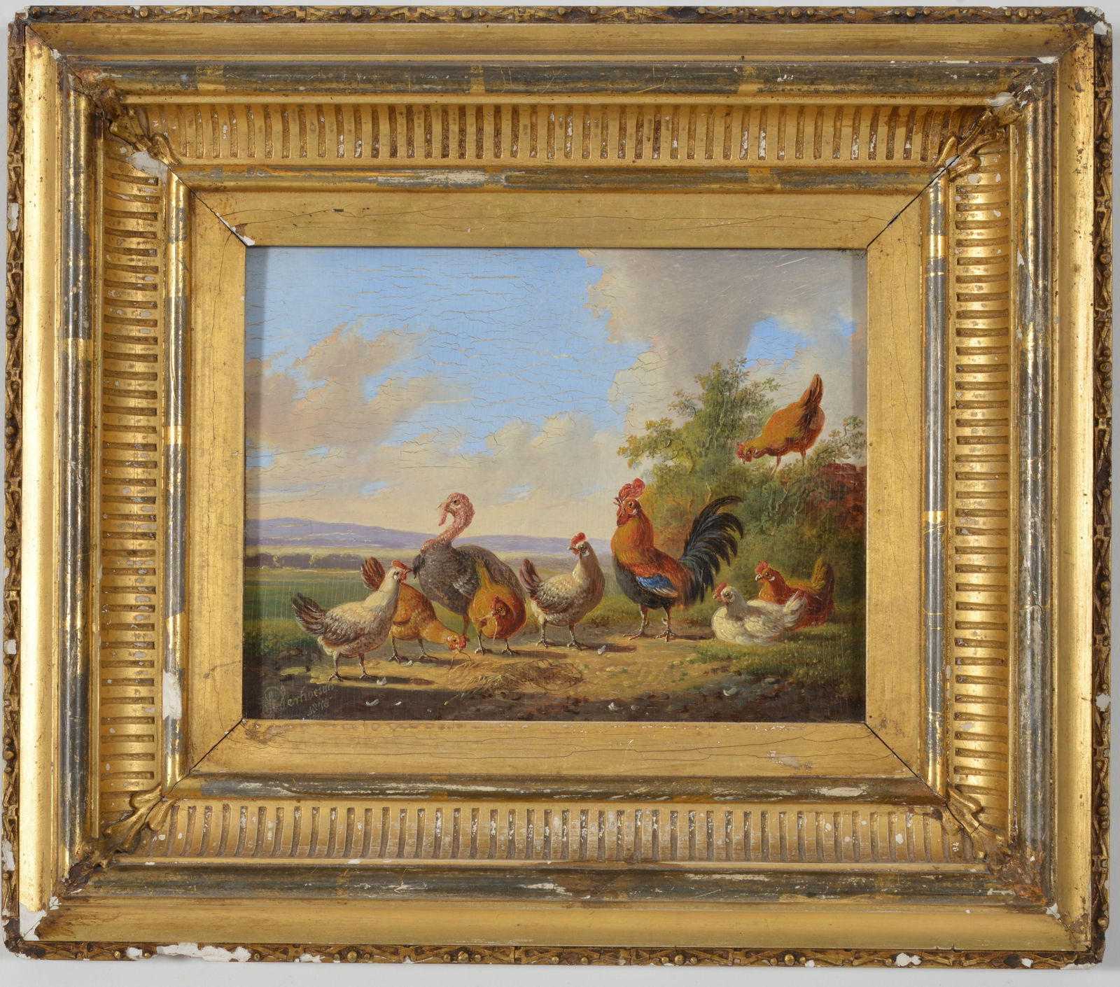 Albertus Verhoessen. 1878. Landscape with turkey and chickens. Signed and dated lower left. Oil on (1 of 5)
