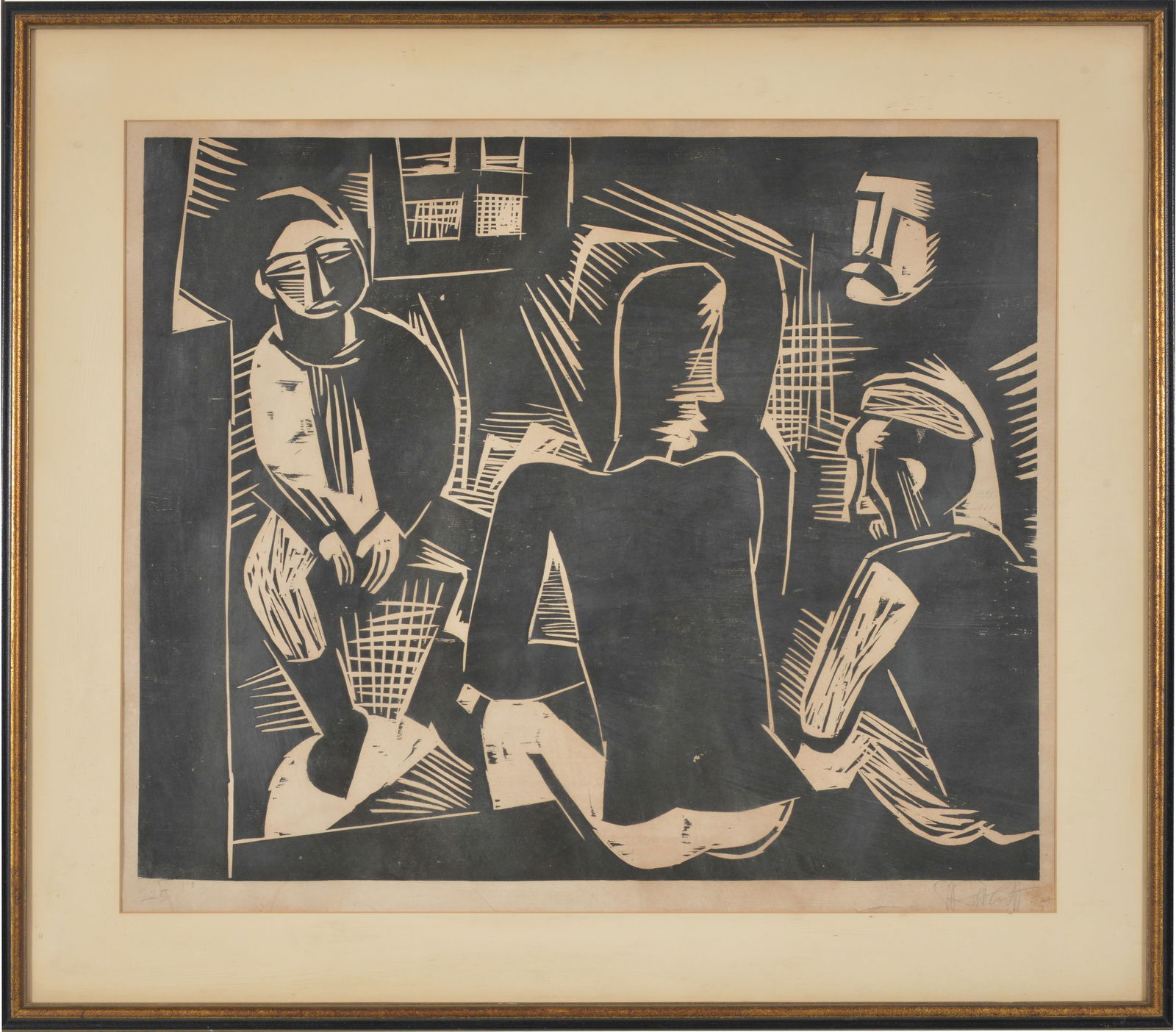 Karl Schmidt-Rottluff. German 1884-1976. "Unterhaltung" [Conversation]. Woodcut. Signed in pencil: Karl Schmidt-Rottluff. German 1884-1976. "Unterhaltung" [Conversation]. Woodcut. Signed in pencil lower right. Enumerated "225" lower left margin. Small tear in margin near mat edge lower right. Creas