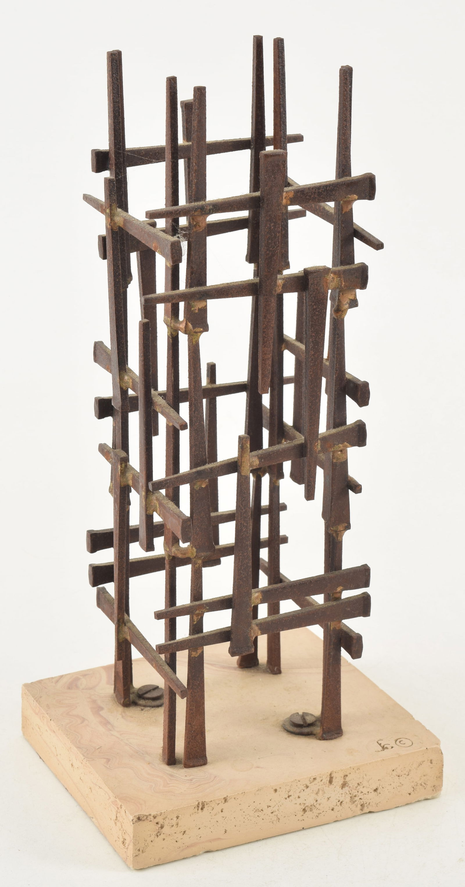 Dave Grossman mid century modern nail tower sculpture. Signed with initials in base. 13.5in high. (1 of 4)
