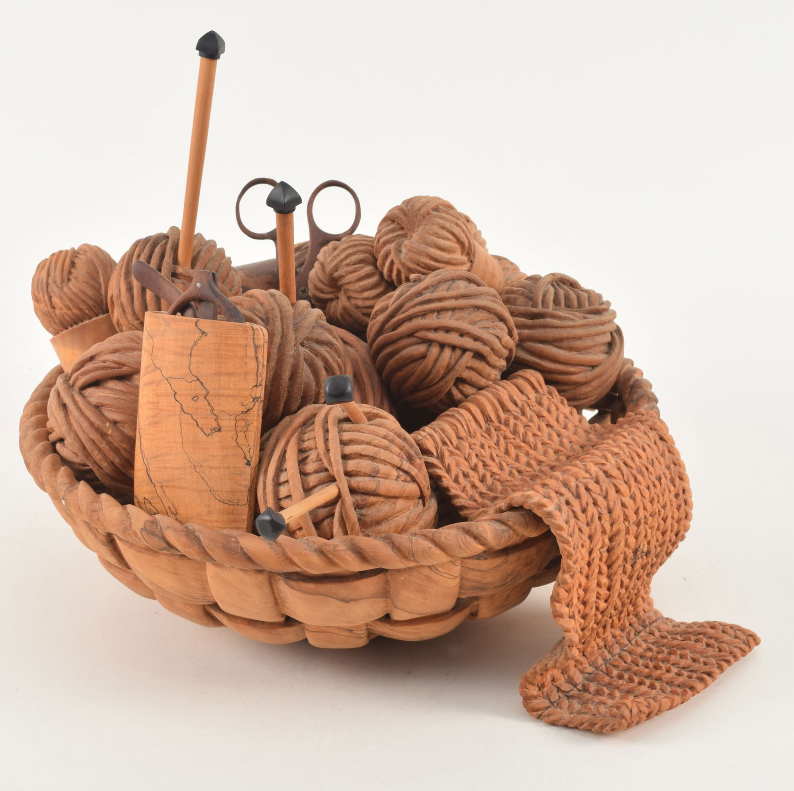 Michelle Holzapfel. Knitting Basket. 1993. Trompe l'oeil wood carving depicting yarn, knitting (1 of 6)