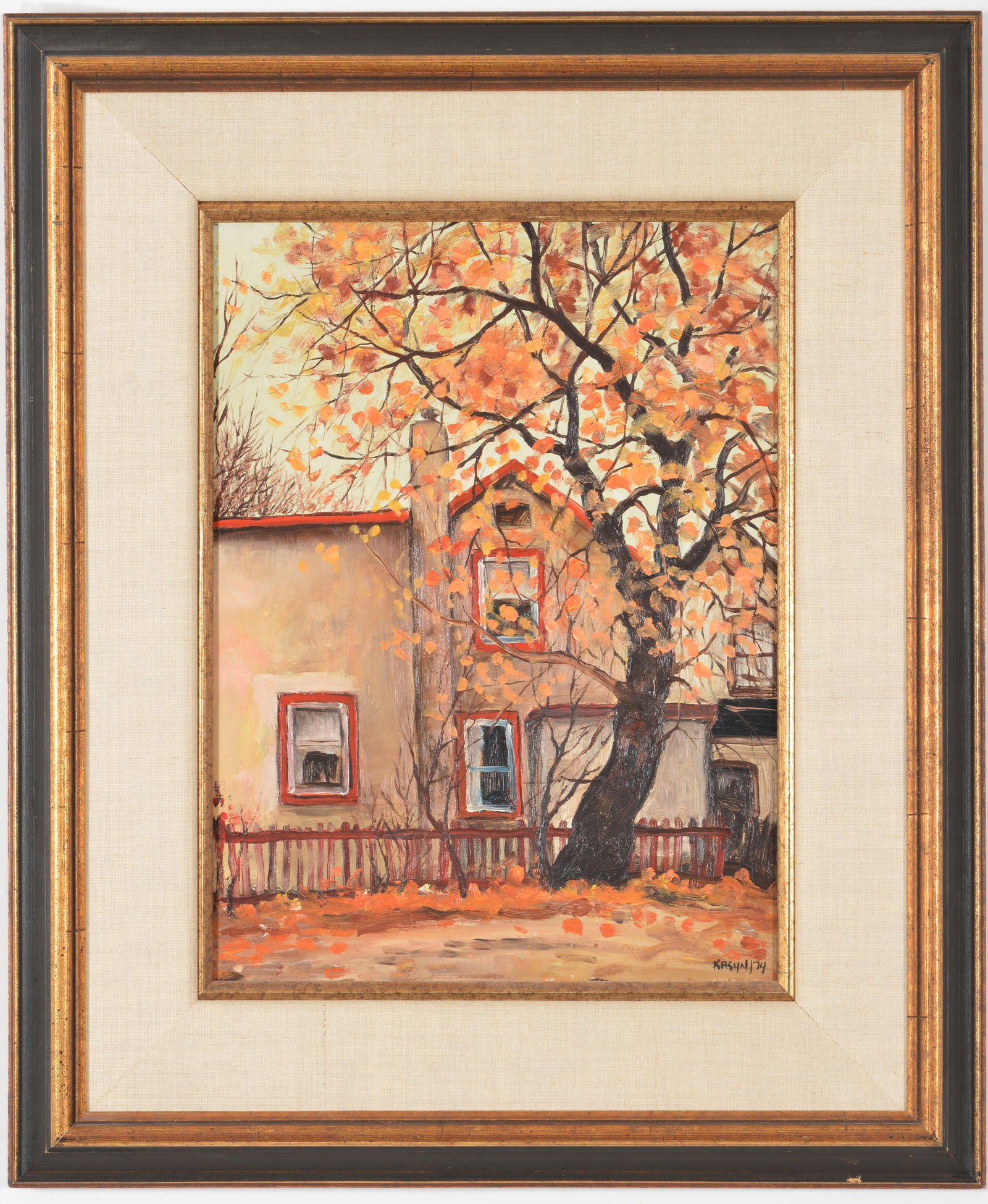John Kasyn. Canadian. "Late October, Pamella Street". Oil on board. Signed lower right. Framed.: John Kasyn. Canadian. "Late October, Pamella Street". Oil on board. Signed lower right. Framed. Wallack Galleries, Ottawa Canada, label on reverse with title, artist name, and stock no. Image: 16 x 12