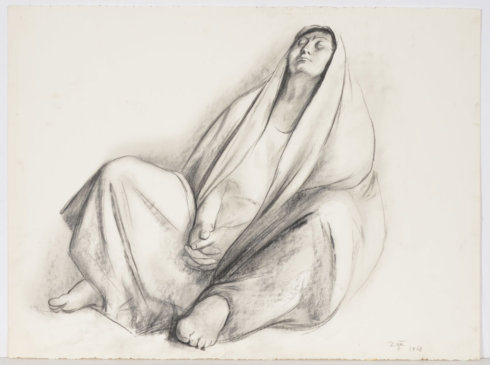 Francisco Zuniga. Mexico. 1968. Charcoal drawing of a praying woman. Signed and dated lower right.: Francisco Zuniga. Mexico. 1968. Charcoal drawing of a praying woman. Signed and dated lower right. Sheet size: 22.5 x 30in.