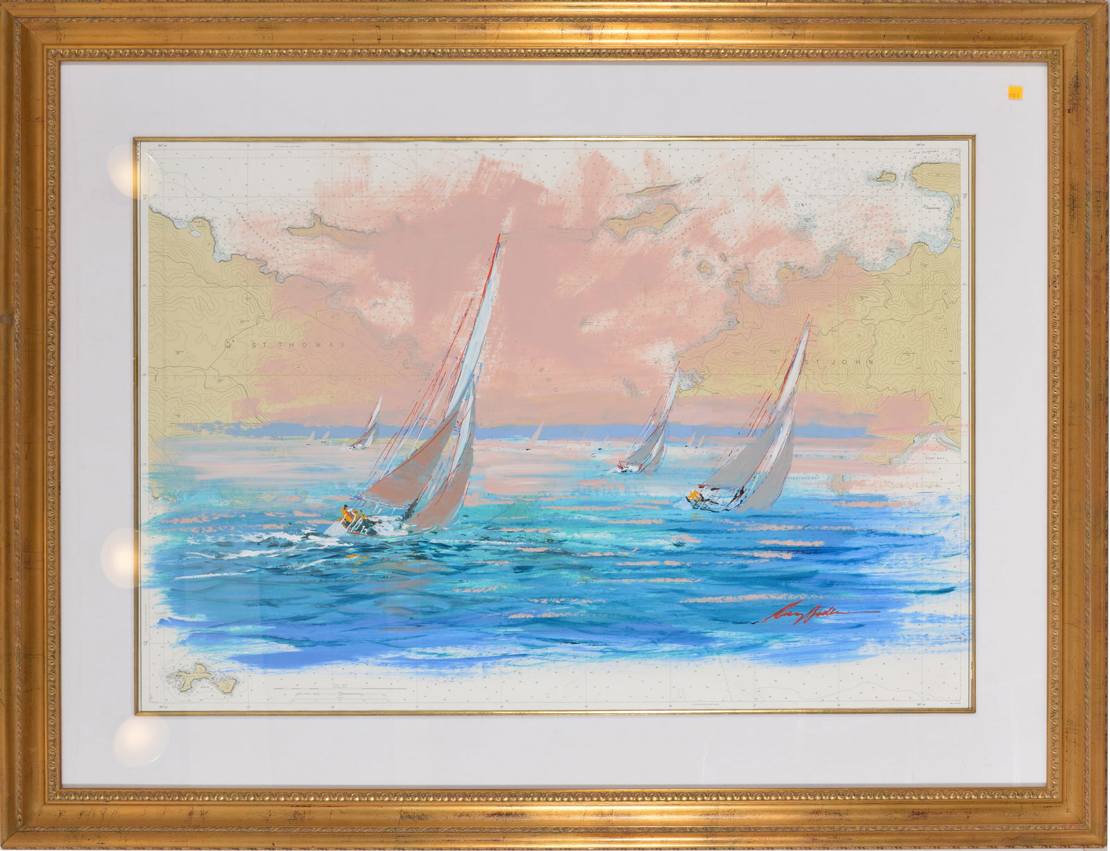 Kerry Hallam. Large yacht racing scene. Painting on a nautical chart for the U.S. Virgin Islands.: Kerry Hallam. Large yacht racing scene. Painting on a nautical chart for the U.S. Virgin Islands. Signed lower right. Framed under glass. Inscribed on reverse by the artist. Overall: 46 x 60.5in.