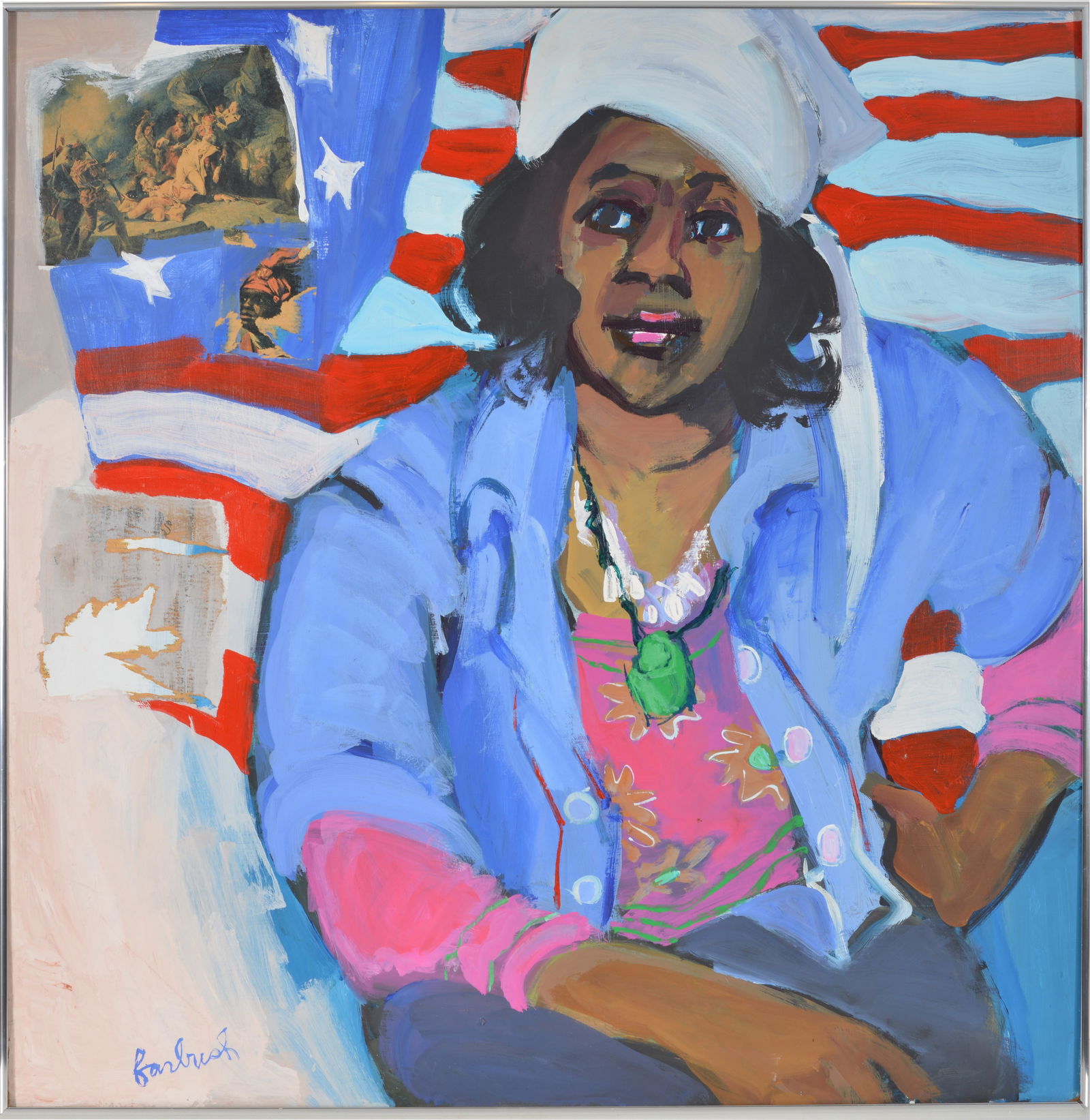 Rosalind Farbush. Boston. Patriotic portrait of an African American woman seated before a flag and: Rosalind Farbush. Boston. Patriotic portrait of an African American woman seated before a flag and historical scenes. Oil on board. Signed lower left. Framed. Overall: 36 x 35.5in.