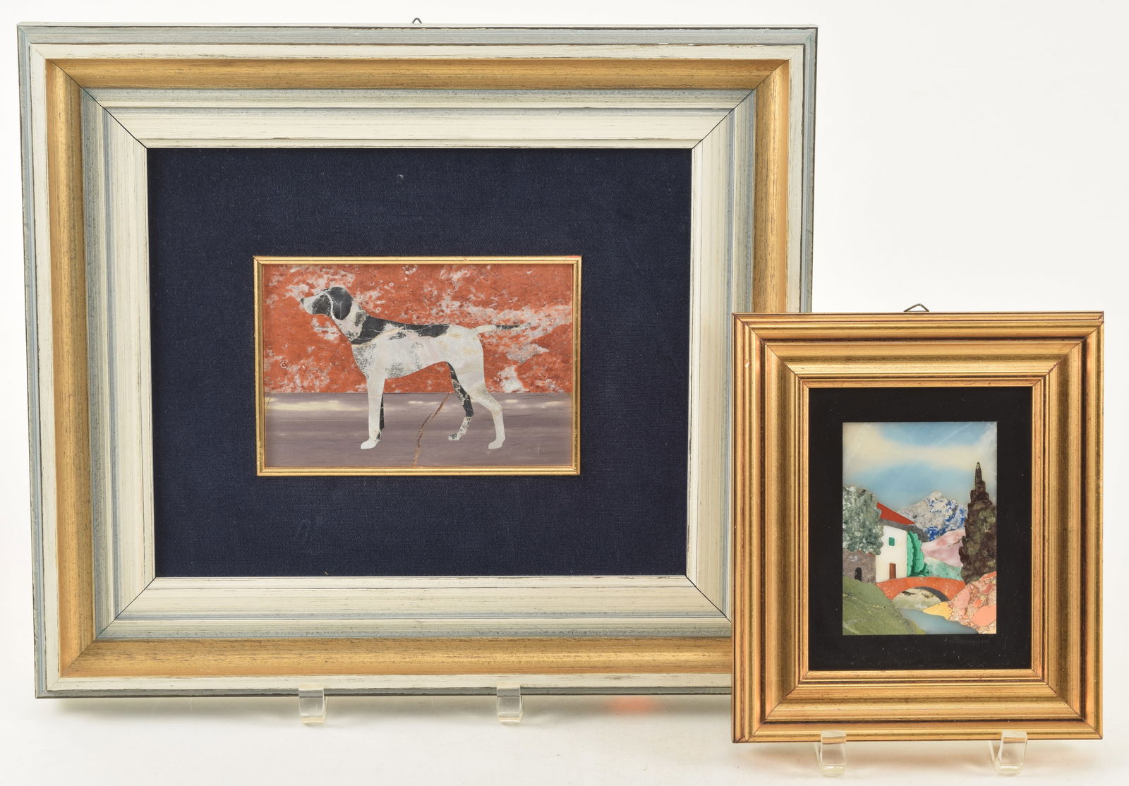2 Italian mosaic works. 1) Marco Tacconi. "The Pointer". Dog set against a burnt orange wall.: 2 Italian mosaic works. 1) Marco Tacconi. "The Pointer". Dog set against a burnt orange wall. Together with provenance from gallery. 2) Italian landscape mosaic. Each framed.