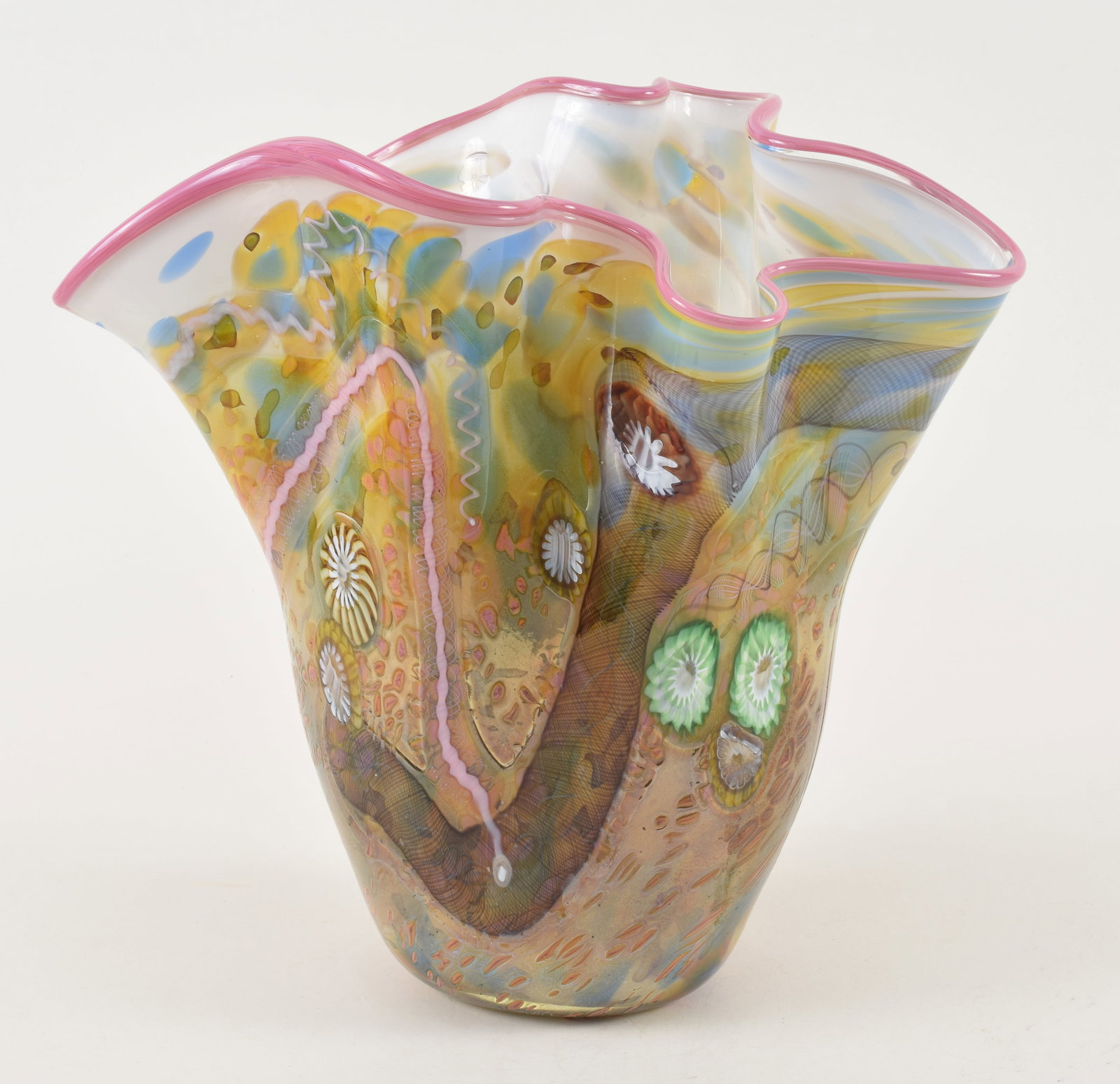 Chihuly style art glass vase. Large millefiori and ribbon pattern. Signed on base rim. 14 H x (1 of 9)