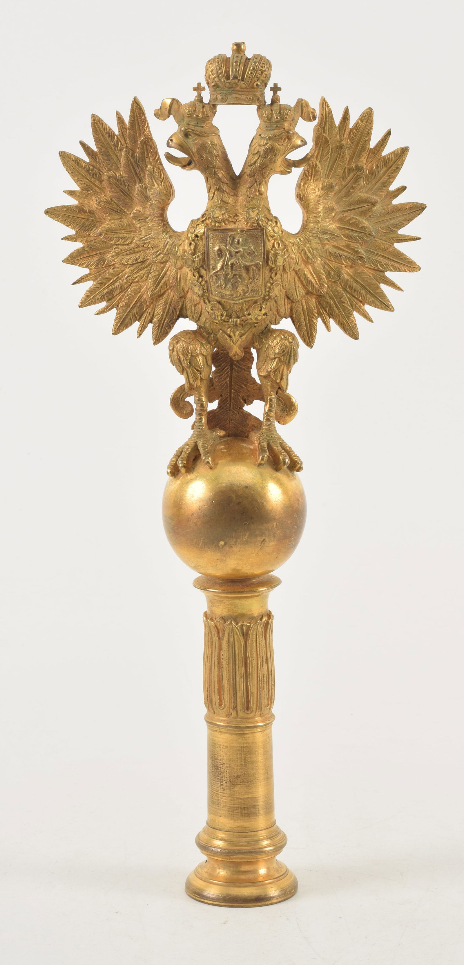 Imperial Russian gilt bronze finial with double-headed eagle, late 19th/early 20th century. Rare: Imperial Russian gilt bronze finial with double-headed eagle, late 19th/early 20th century. Rare bronze finial depicting the Imperial Russian double-headed eagle beneath a single crown, holding the or
