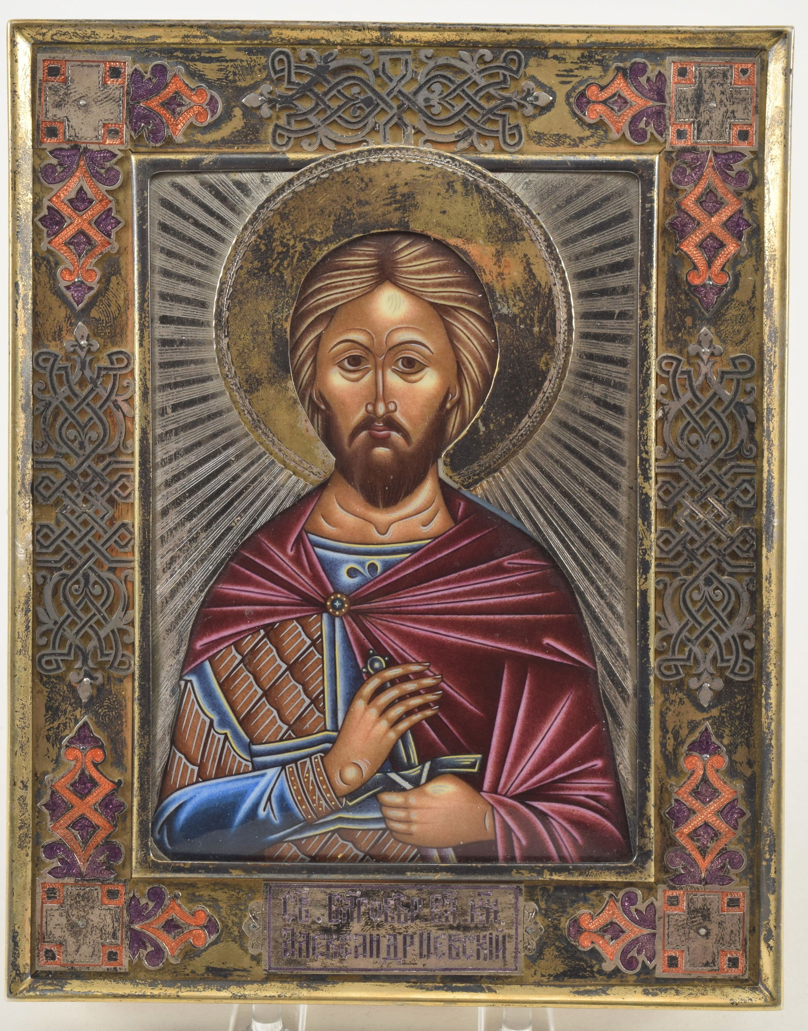 Imperial Russian Icon of St. Alexander Nevsky, Finift Enamel in Silver Oklad, Commemorating the (1 of 9)