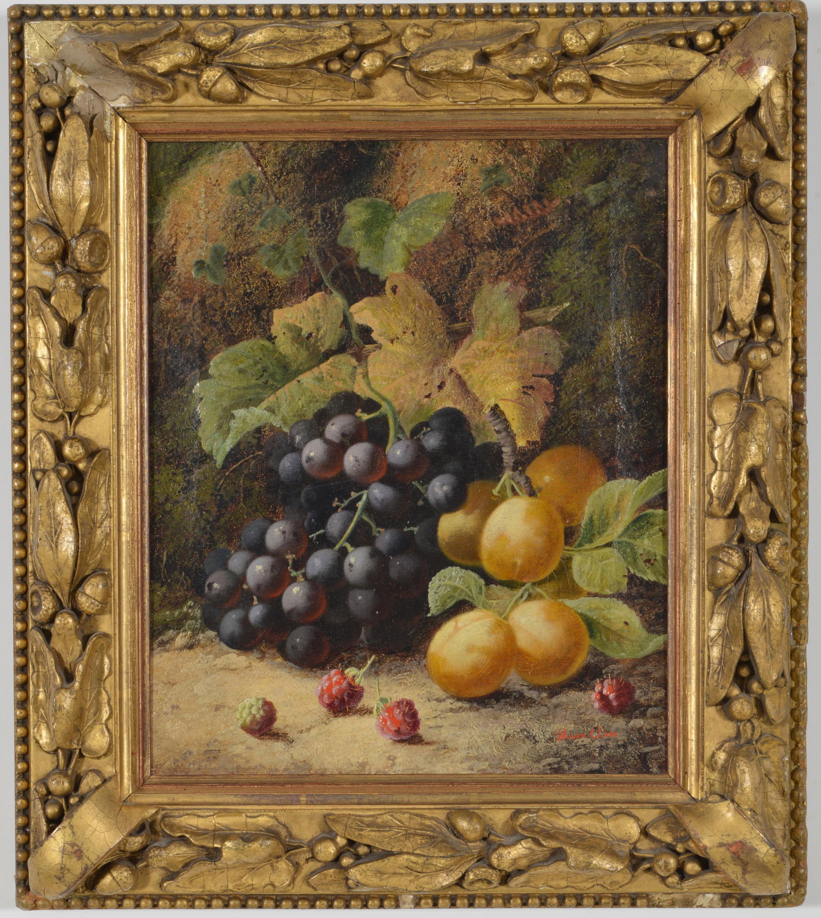 Oliver Clare. English. Fine fruit still life in a landscape. Signed lower right. Framed. Small patch (1 of 7)