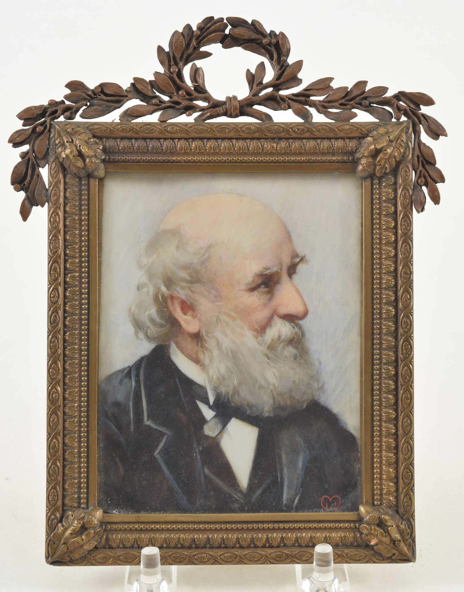 19th century miniature portrait painting of a bearded man in a suit. Artist monogram lower right.: 19th century miniature portrait painting of a bearded man in a suit. Artist monogram lower right. Ornate heavy frame. Portrait size: 4 x 3in. Overall: 6.5 x 5.25in.