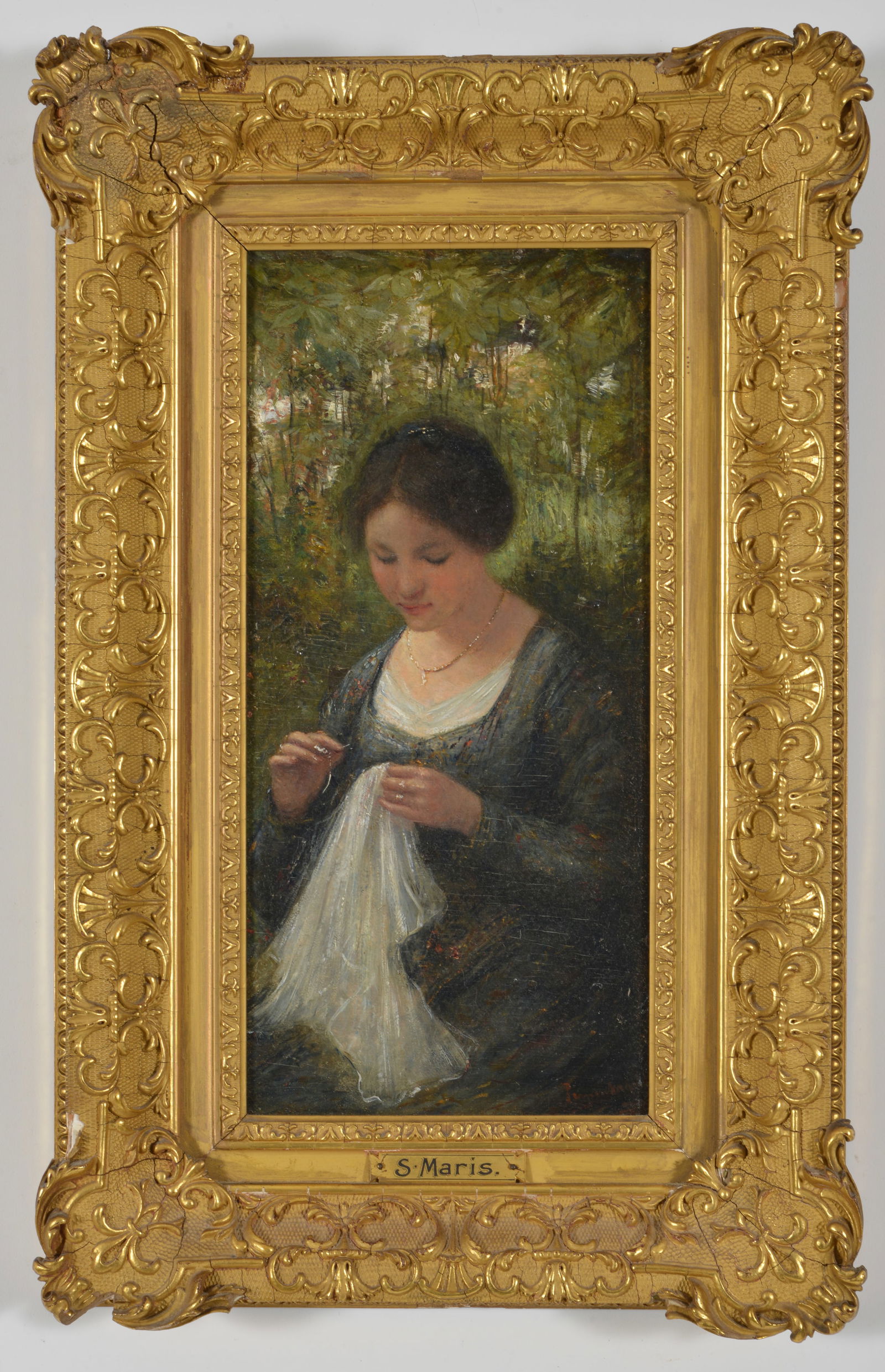Simon Maris. Dutch. "Young Girl with Veil". Young woman in medieval dress stitching. Oil on board.: Simon Maris. Dutch. "Young Girl with Veil". Young woman in medieval dress stitching. Oil on board. Signed lower right. Framed. Remnants of Museum of Fine Arts Boston label on reverse with later transc
