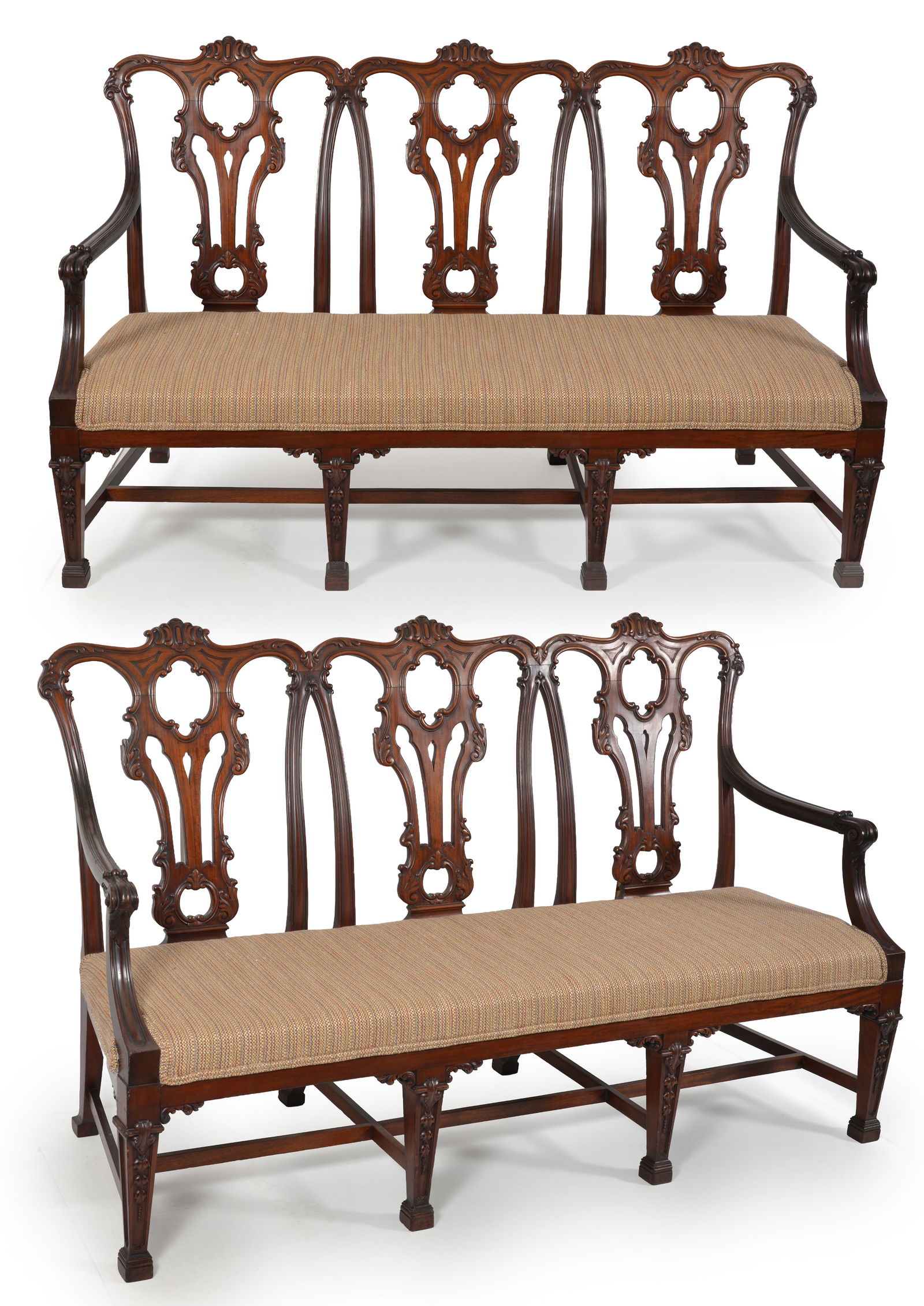 Pair of Chippendale style mahogany triple-back settees. 20th century. Finely carved and scrolled (1 of 8)