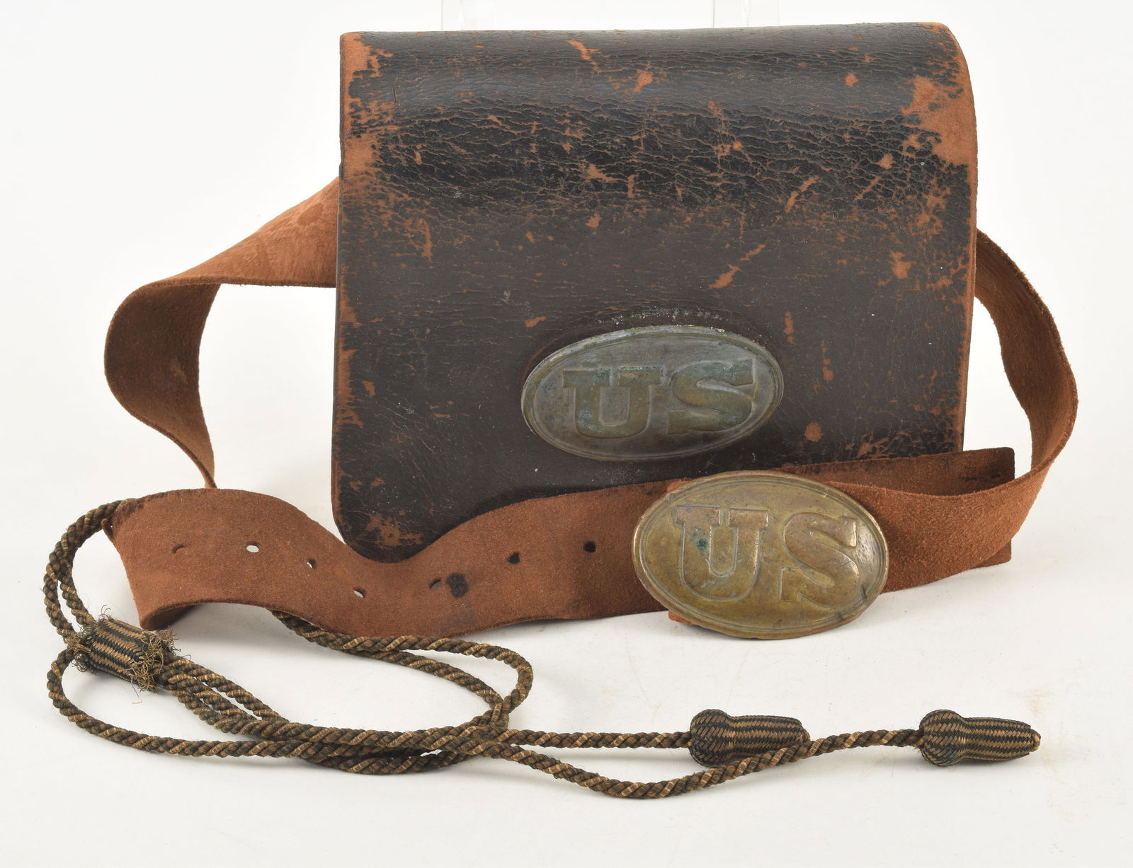 Civil War leather cartridge box and associated sword knot. Family provenance indicates the soldier's (1 of 8)