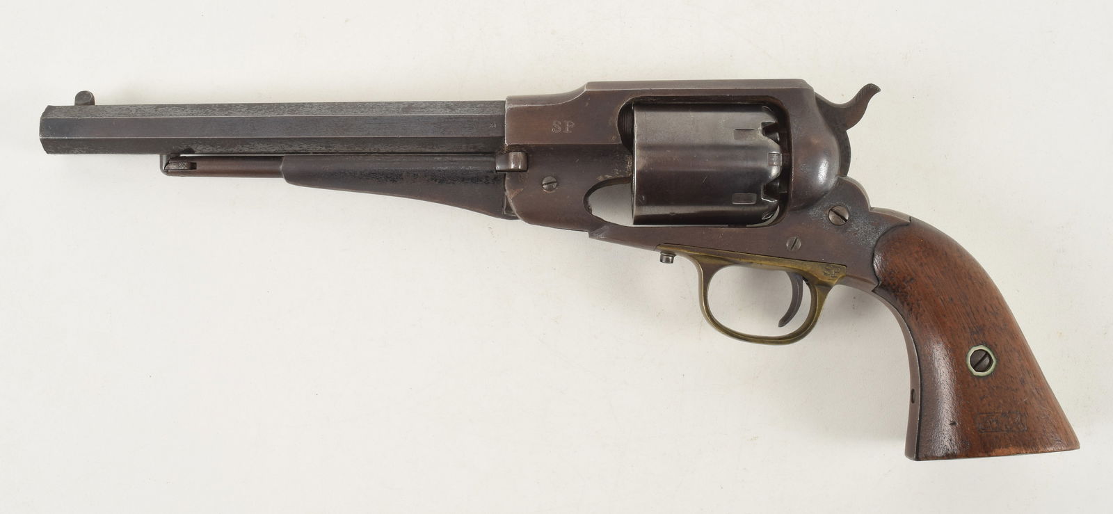 Martial Remington New Model 1858 army percussion revolver. Military inspector marks of "D", "H", and: Martial Remington New Model 1858 army percussion revolver. Military inspector marks of "D", "H", and "B". Serial number on underside of barrel "97407". Left walnut grip panel with "OWA" cartouche for