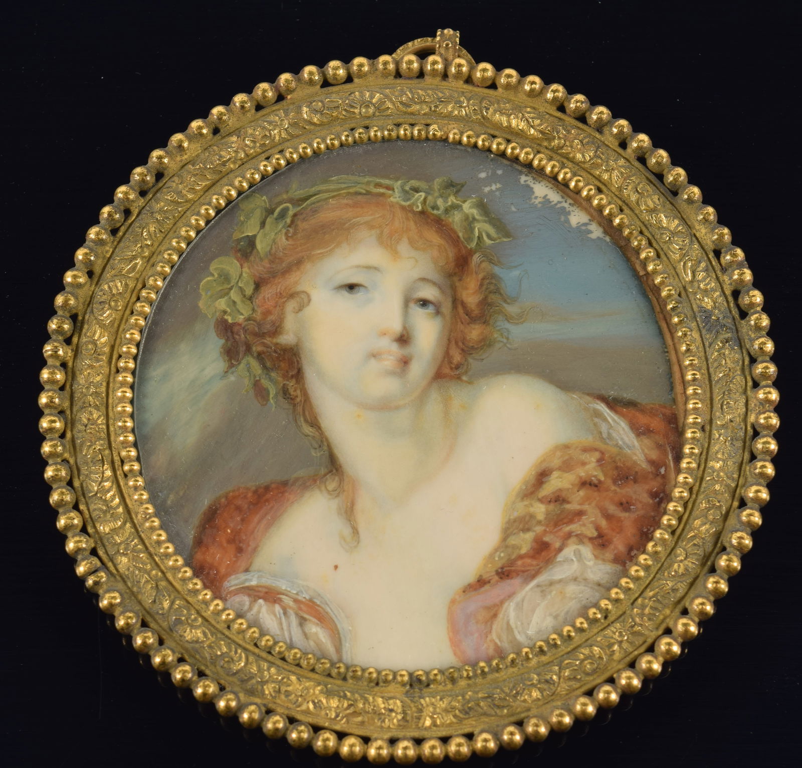 18th/19th century miniature portrait painting. Fine quality of a classical allegorical figure.: 18th/19th century miniature portrait painting. Fine quality of a classical allegorical figure. Ornate frame. Some loss upper right. Painting 2.5in diameter. Overall: 3.5in diameter.