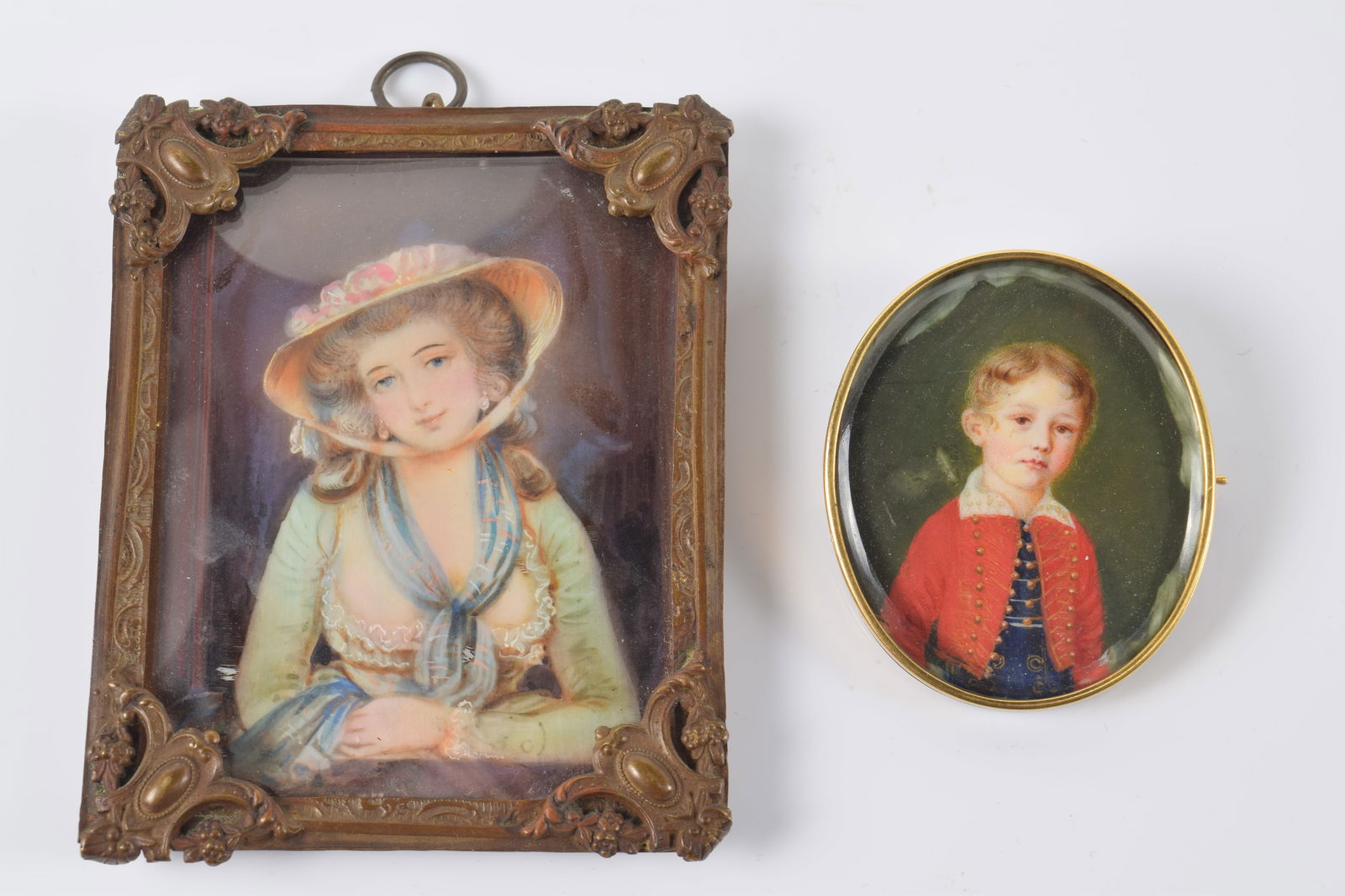 2 antique miniature portraits. 1) 19th century French portrait of a young boy in military uniform. (1 of 7)
