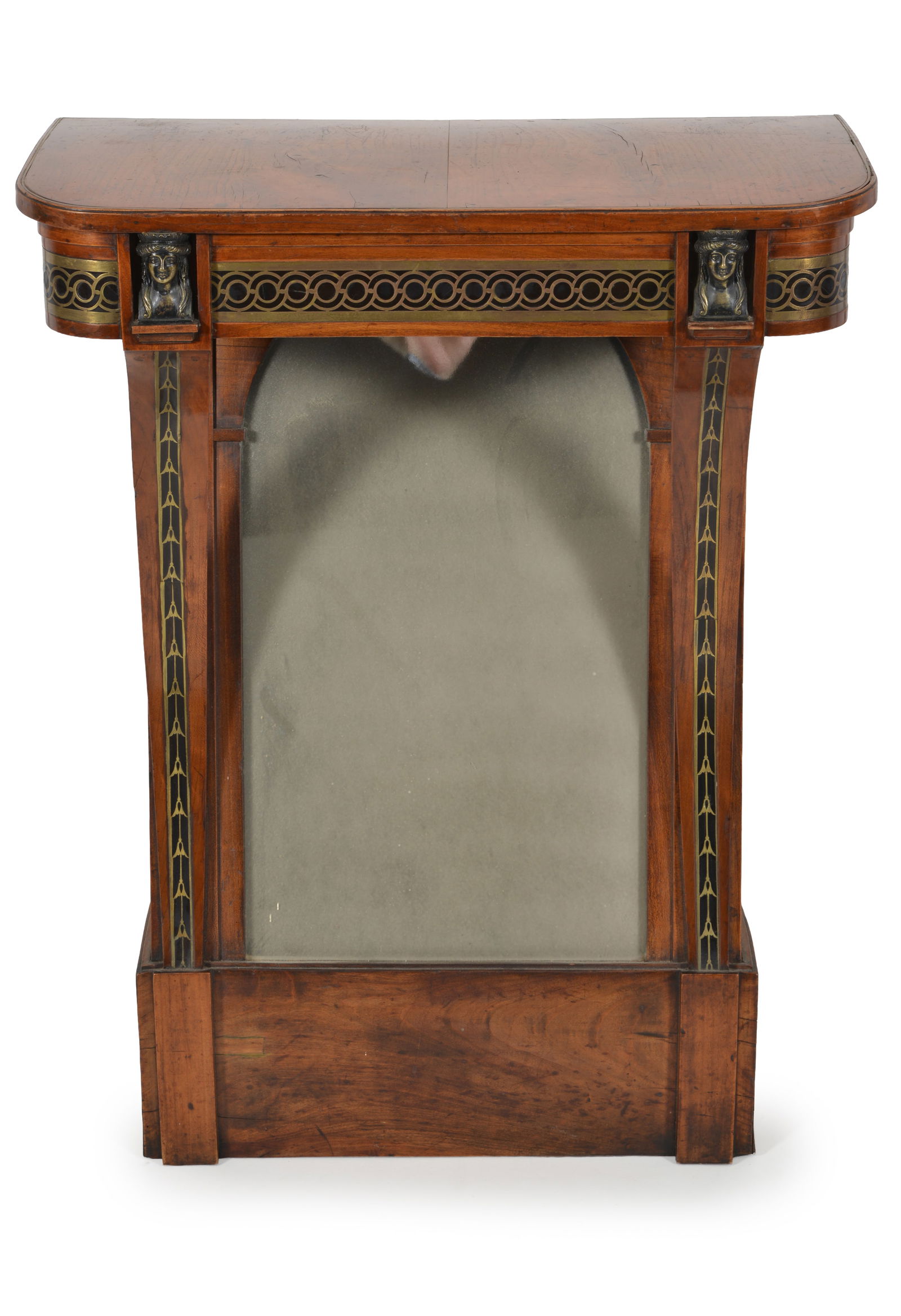 Biedermeier mirrored, fruitwood console table with applied brass banding and Egyptian revival masks (1 of 5)
