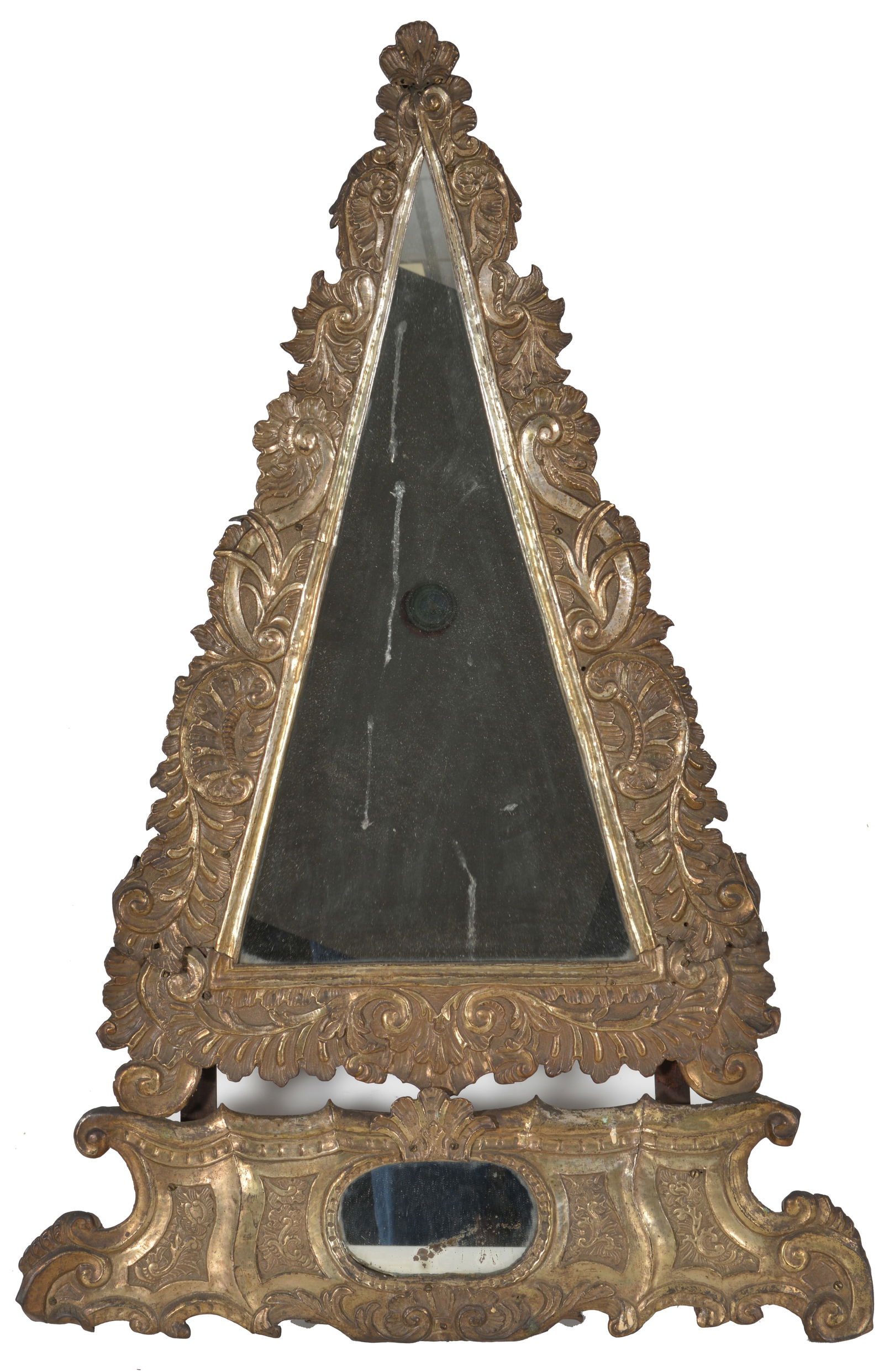 18th Century Spanish reliquary mirror with repousse decorated triangular metal surround and base. (1 of 4)