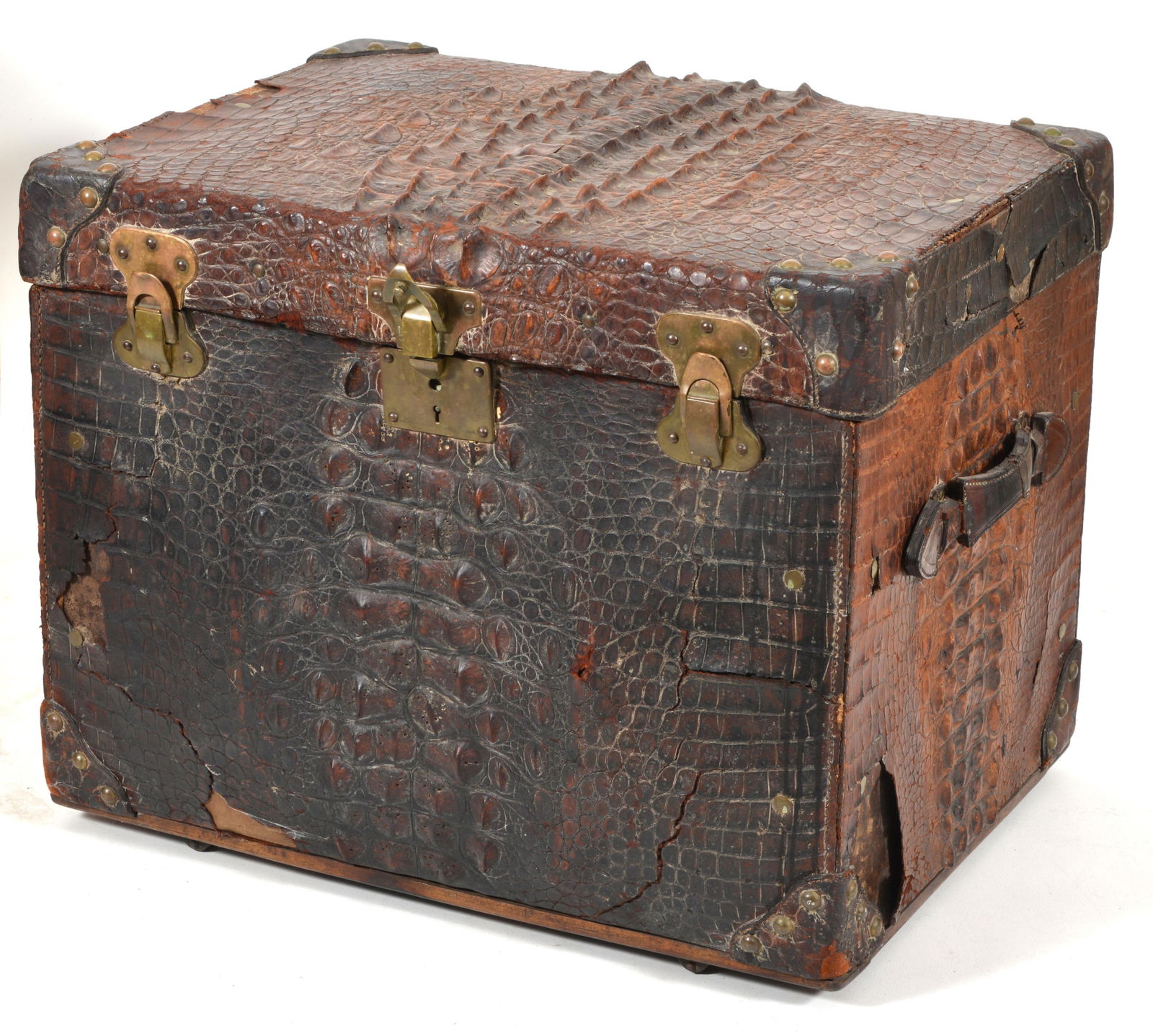 Antique alligator hide steamer trunk. Interior upholstered in pink satin and fitted to store hats. (1 of 9)