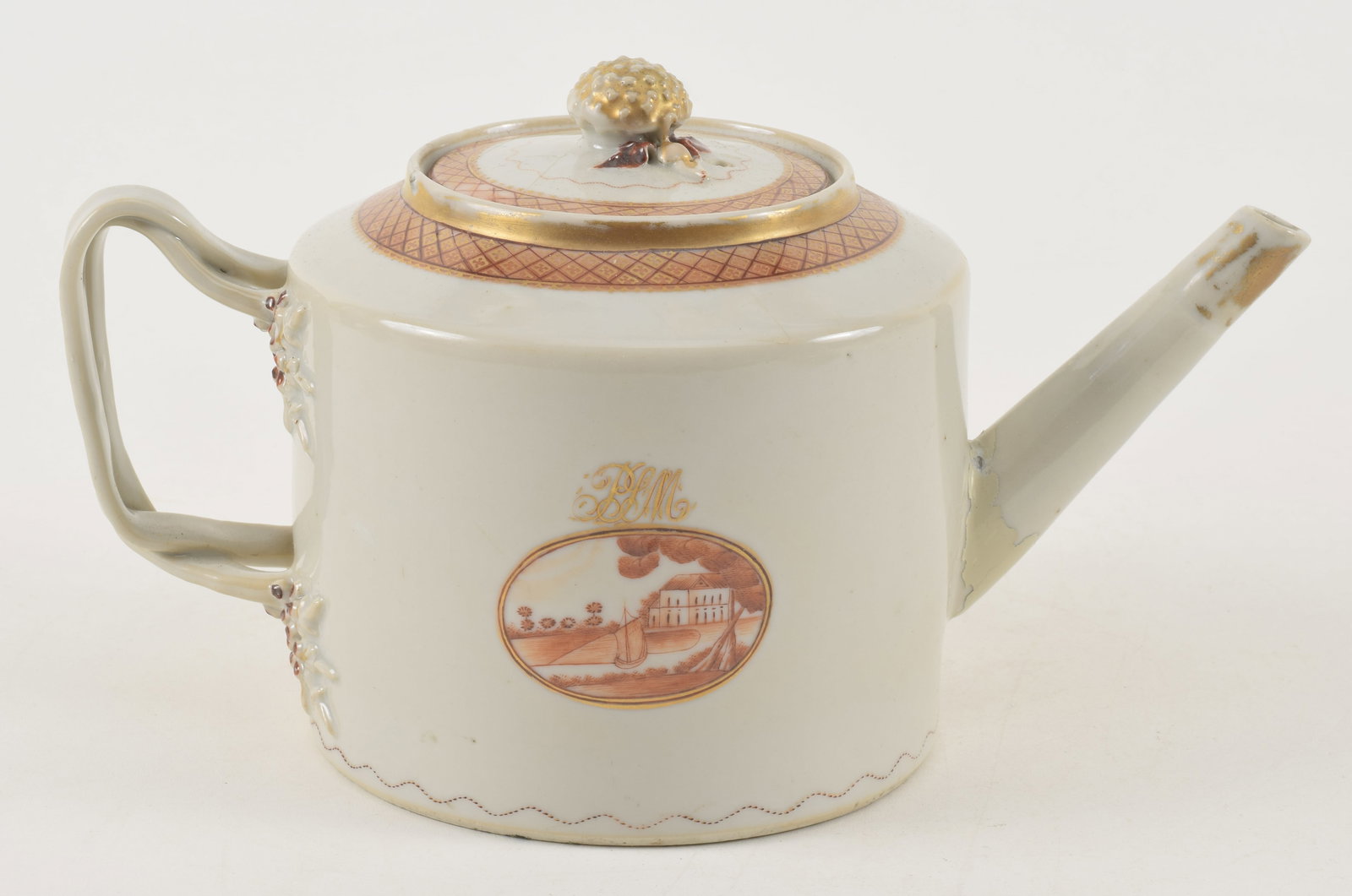 18th/19th century Chinese export porcelain tea pot. Landscape motifs with boat and house. Spout (1 of 7)