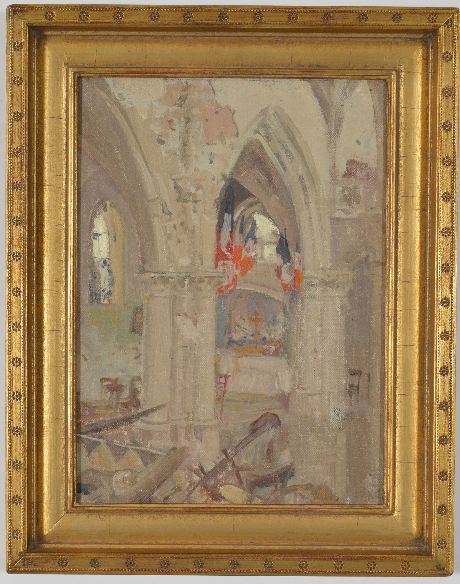 Charles Hoffbauer. "Rhein Cathedral". Church interior scene. Oil on board. Label on reverse with: Charles Hoffbauer. "Rhein Cathedral". Church interior scene. Oil on board. Label on reverse with date 1920. Framed. Sight: 12.5 x 9.25in. Overall: 16 x 12.5in.