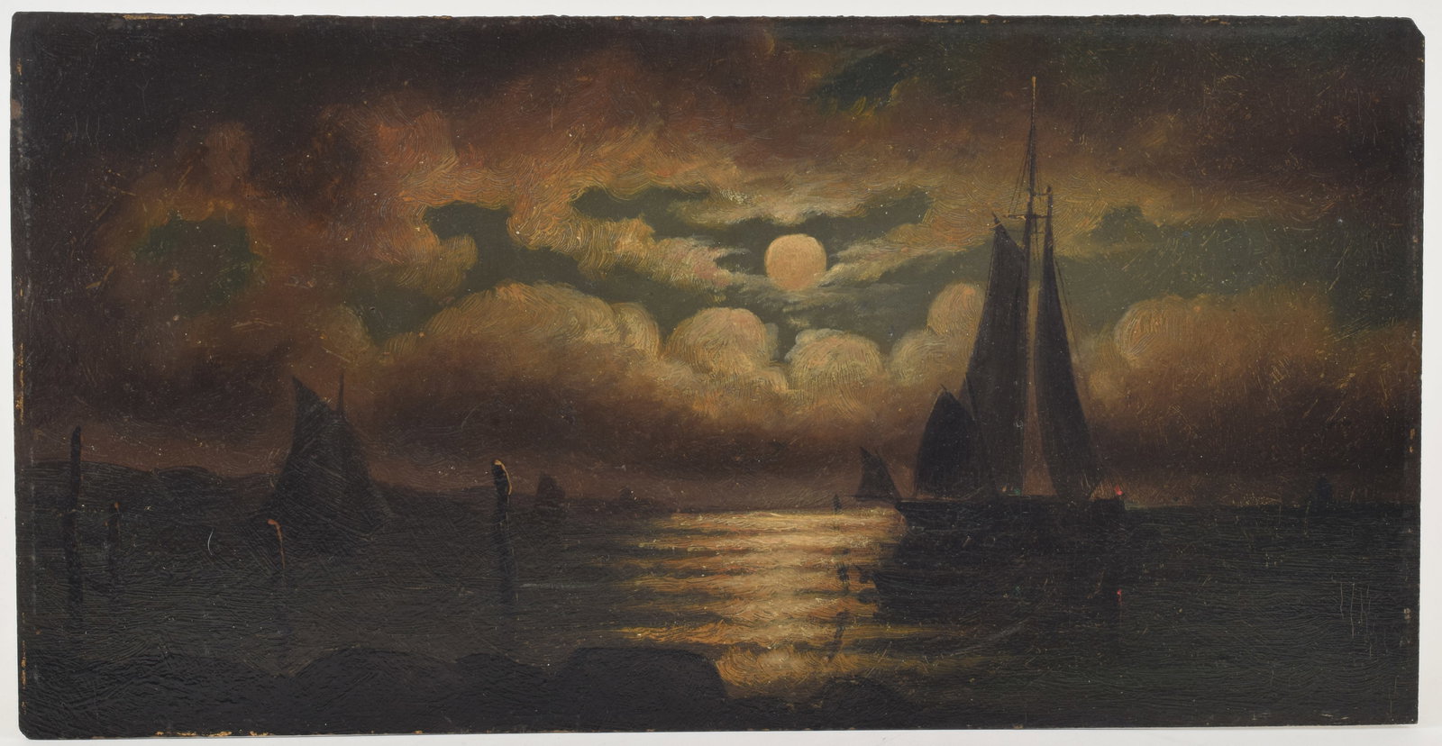 Mary Mellen style 19th century moonlight seascape with boats. Oil on board. Unframed. Inscribed on: Mary Mellen style 19th century moonlight seascape with boats. Oil on board. Unframed. Inscribed on reverse. 8.25 x 16in.