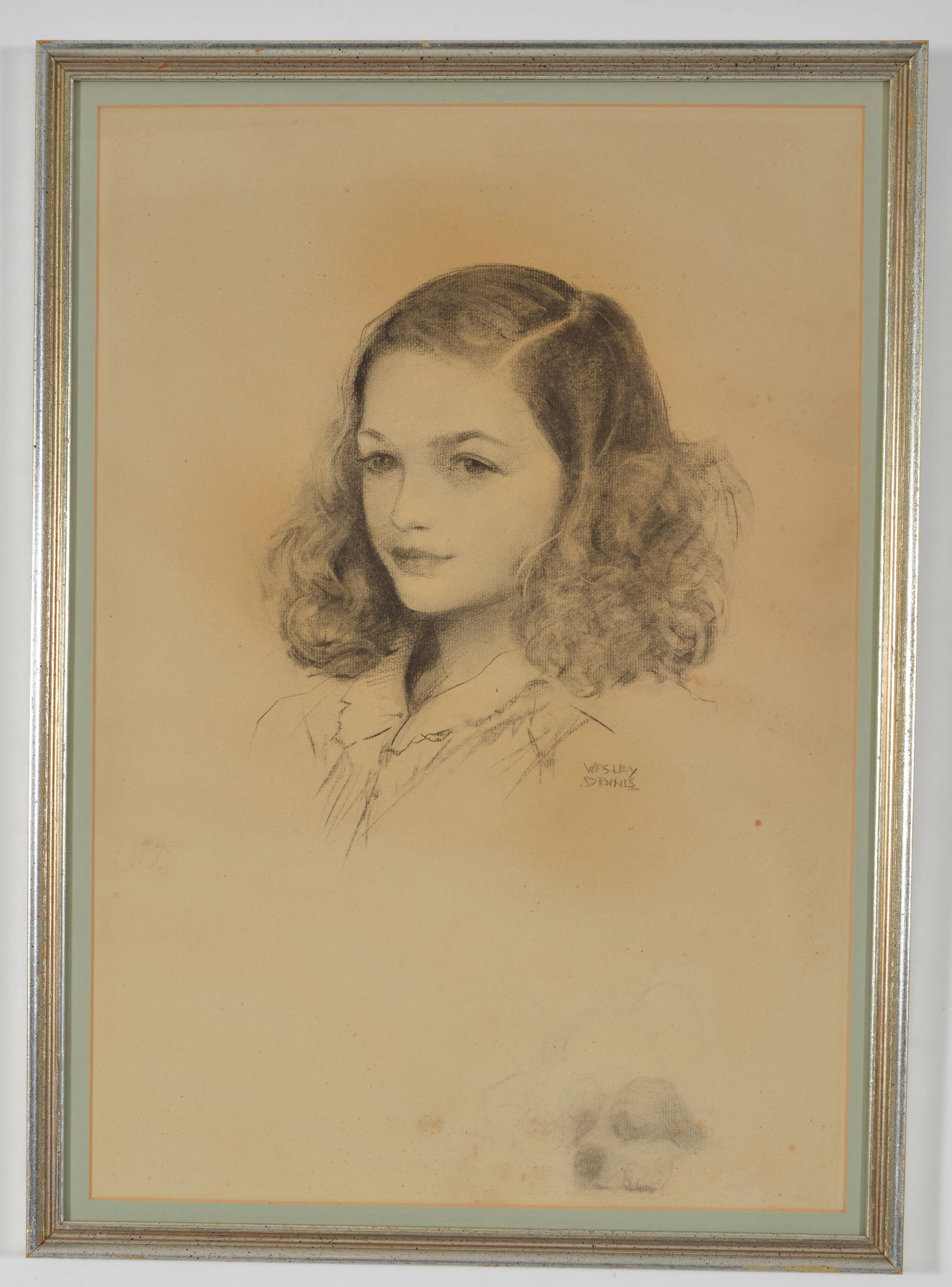 Wesley Dennis. Massachusetts. Charcoal drawing portrait of a young woman with sketch of a dog.: Wesley Dennis. Massachusetts. Charcoal drawing portrait of a young woman with sketch of a dog. Signed center right. Framed under glass. Overall: 25 x 18.5in.
