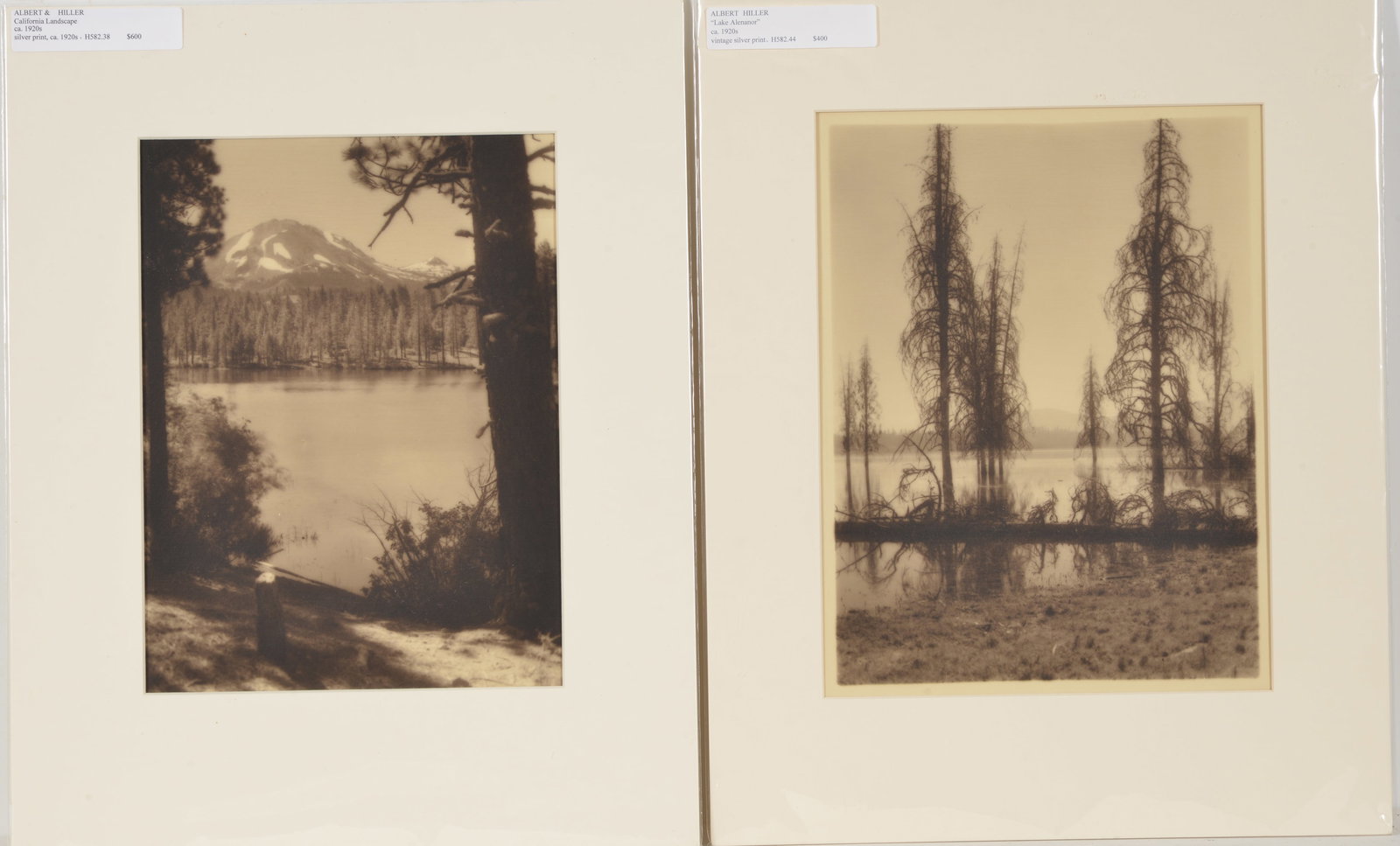 Albert Hiller. "Lake Almanor" and "California Landscape". 2 silver-gelatin prints on textured paper.: Albert Hiller. "Lake Almanor" and "California Landscape". 2 silver-gelatin prints on textured paper. Matted. Each overall: 20 x 16in.