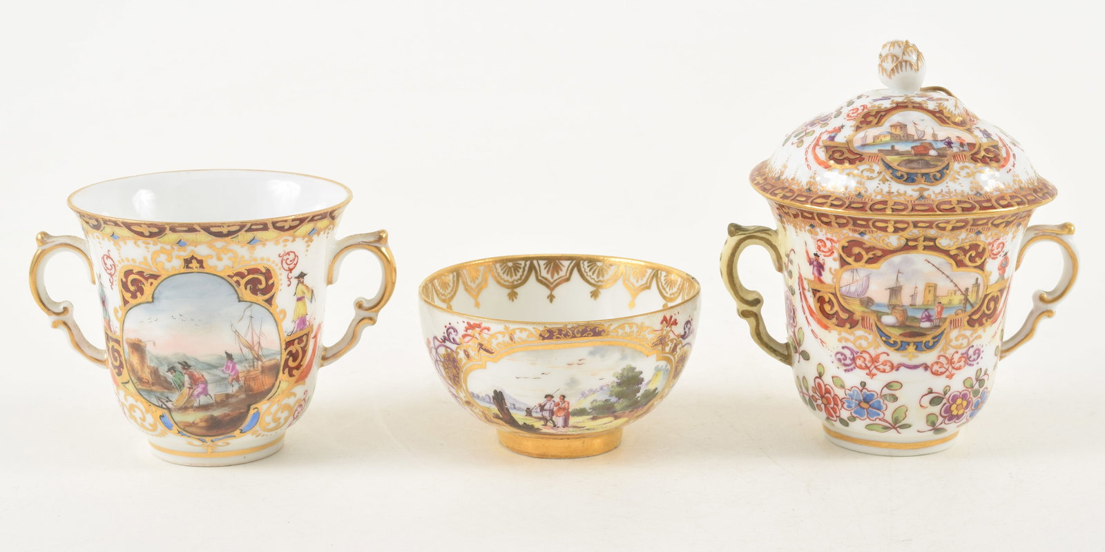 3 18th century Meissen porcelain cups. 1) Small round with landscape decorations. 3in diameter. 2) (1 of 13)
