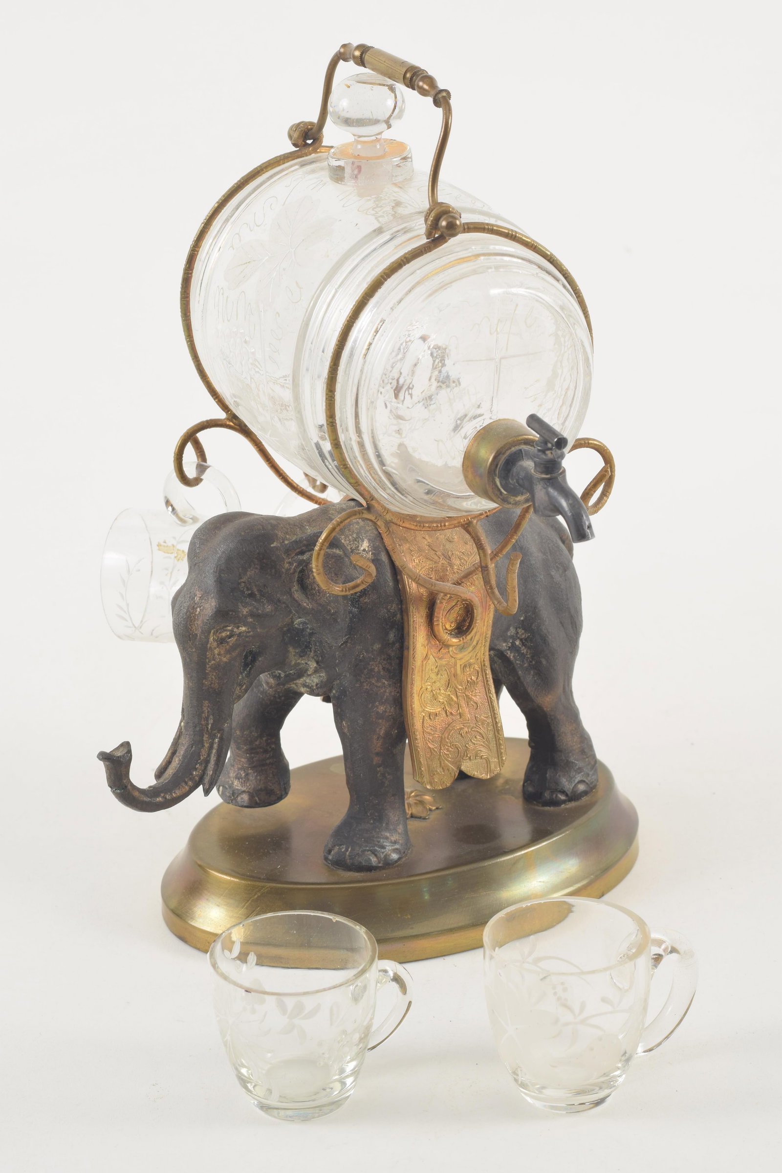 Unusual 19th century bronze elephant form liqueur decanter. Etched glass keg mounted on elephant's - 2