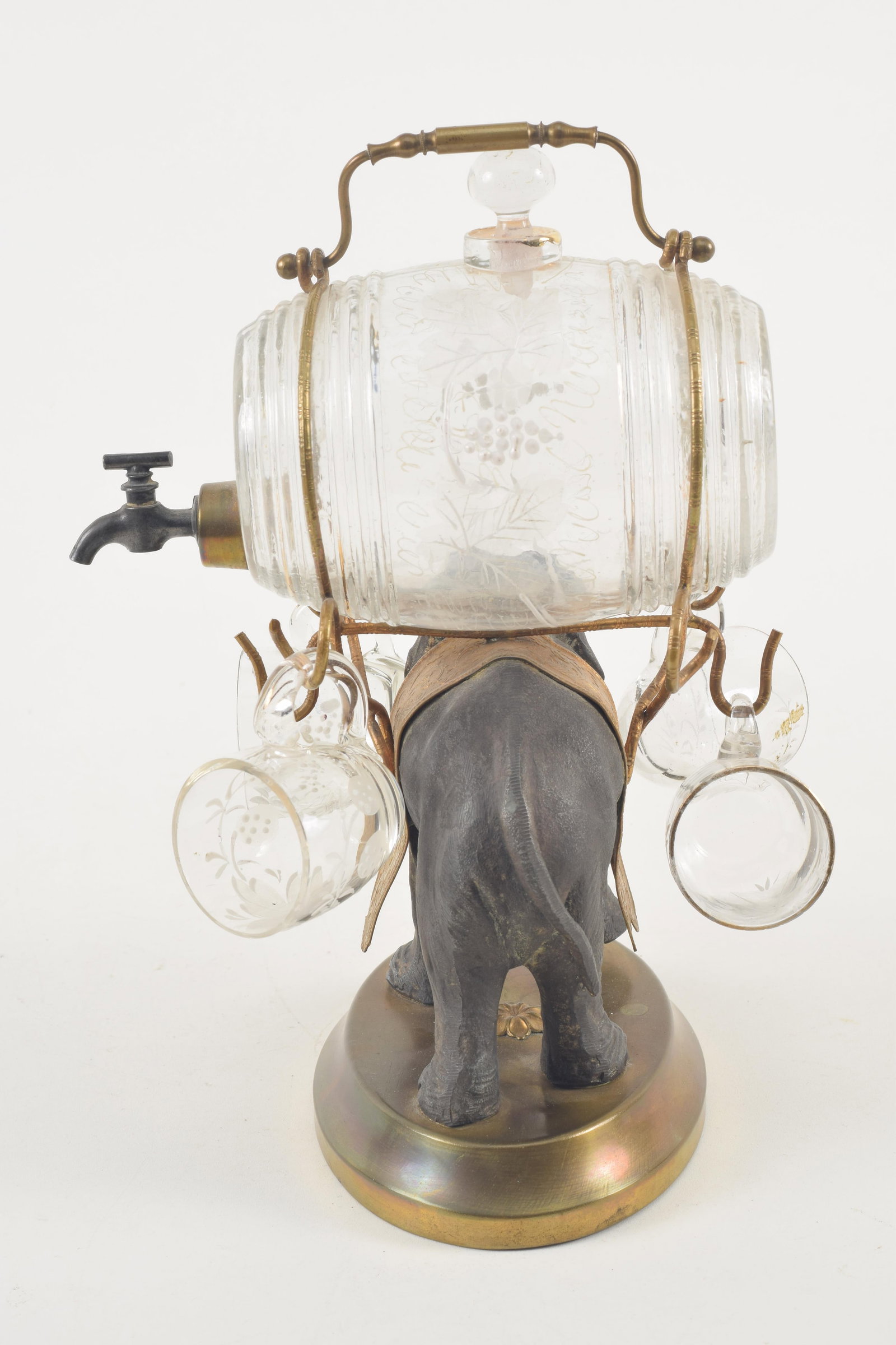 Unusual 19th century bronze elephant form liqueur decanter. Etched glass keg mounted on elephant's - 5