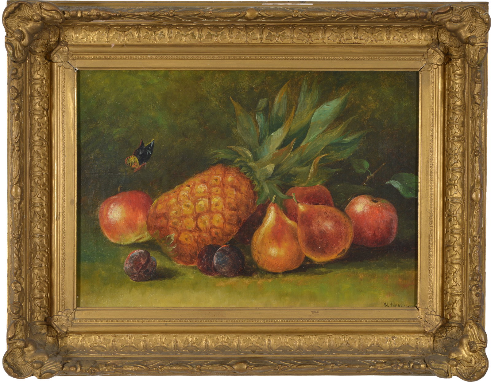 Wesley Elbridge Webber. Maine/Massachusetts. Still life with pineapple, pears, plums and a butterfly: Wesley Elbridge Webber. Maine/Massachusetts. Still life with pineapple, pears, plums and a butterfly in flight. Oil on canvas. Signed lower right. Framed. Sight: 14 x 20in. Overall: 21 x 27in.