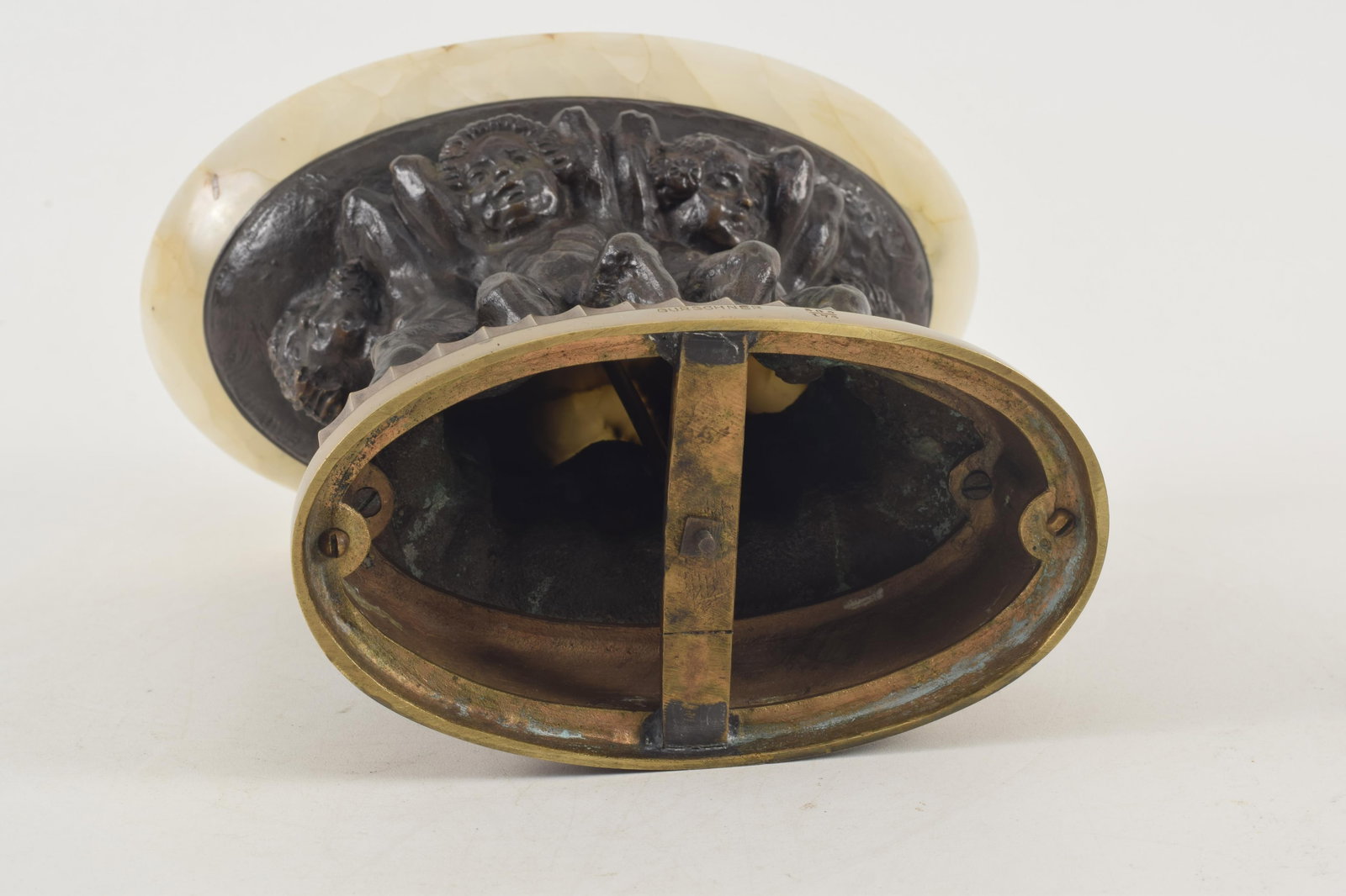 Two Gustav Gurschner art nouveau patinated bronze items. A Classical center piece with putti - 13