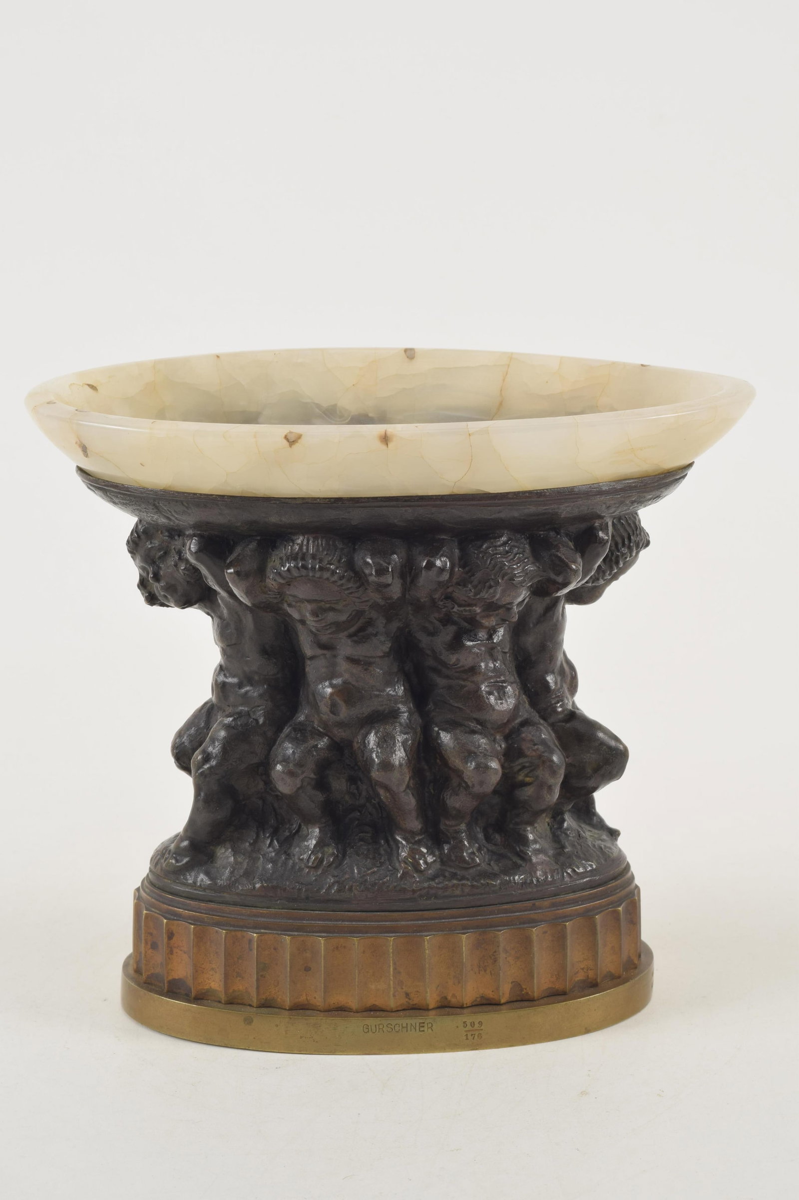 Two Gustav Gurschner art nouveau patinated bronze items. A Classical center piece with putti - 9