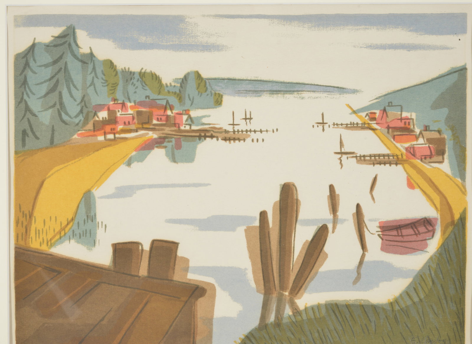 Edward Landon. "River View". 1942. Color screenprint. Edition of 50. Signed lower right in image. - 2