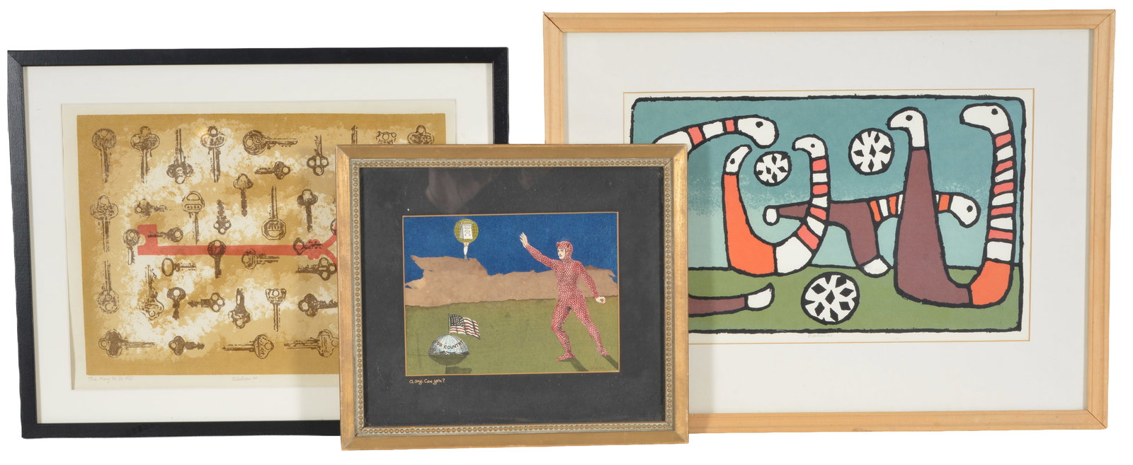 Edward Landon. 3 works. To include: 1) "O, Say, Can You?". Collage. Signed lower right in image.: Edward Landon. 3 works. To include: 1) "O, Say, Can You?". Collage. Signed lower right in image. Titled lower left on mat. Framed under glass. Overall: 11.5 x 13.25in. 2) "The Key to it All". Color sc