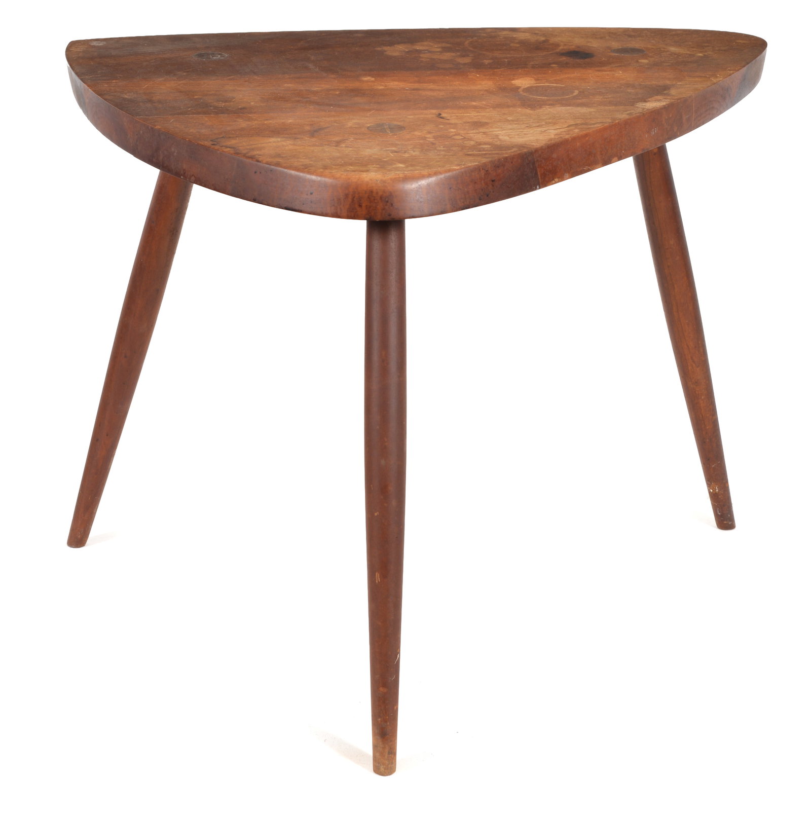 George Nakashima, Wohl table. Rounded triangular top with turned tripod legs. Family history: George Nakashima, Wohl table. Rounded triangular top with turned tripod legs. Family history purports the table was purchased at Nakashima gallery. Family name marked on base. Surface wear and stains.