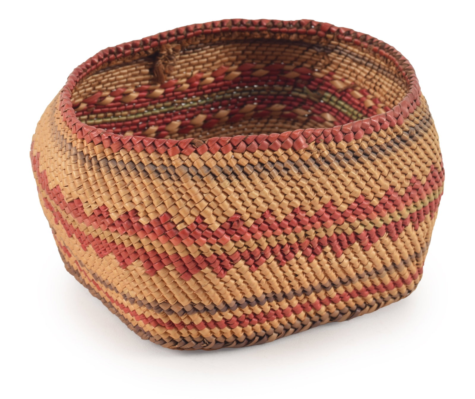 Small Quinault? American Indian basket with red and purple geometric bands. Splint basket base. 4 W: Small Quinault? American Indian basket with red and purple geometric bands. Splint basket base. 4 W x 2.5in H.