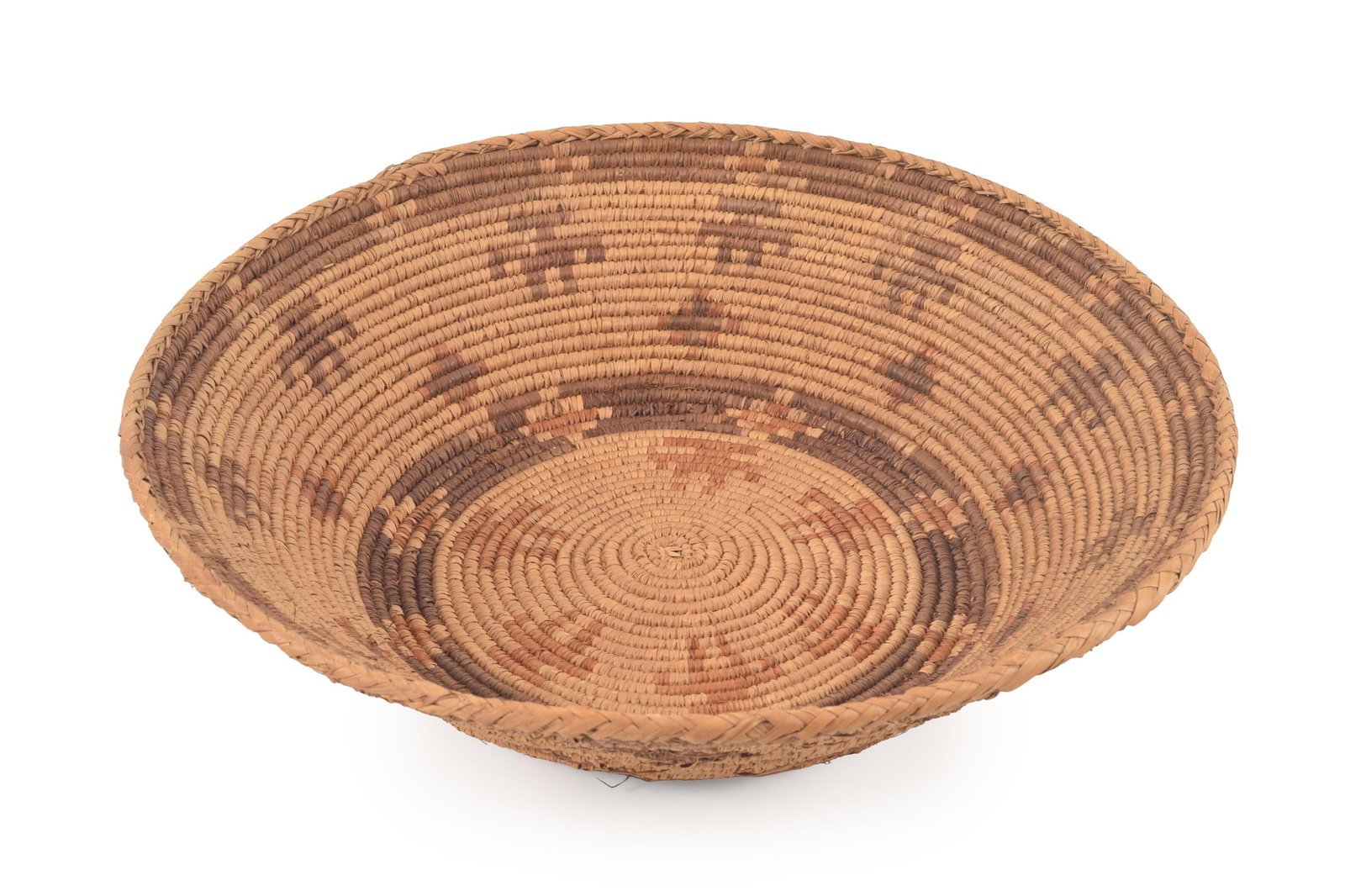 Native American coil basket. Decoration of figures and geometric shapes. 16in diameter.: Native American coil basket. Decoration of figures and geometric shapes. 16in diameter.