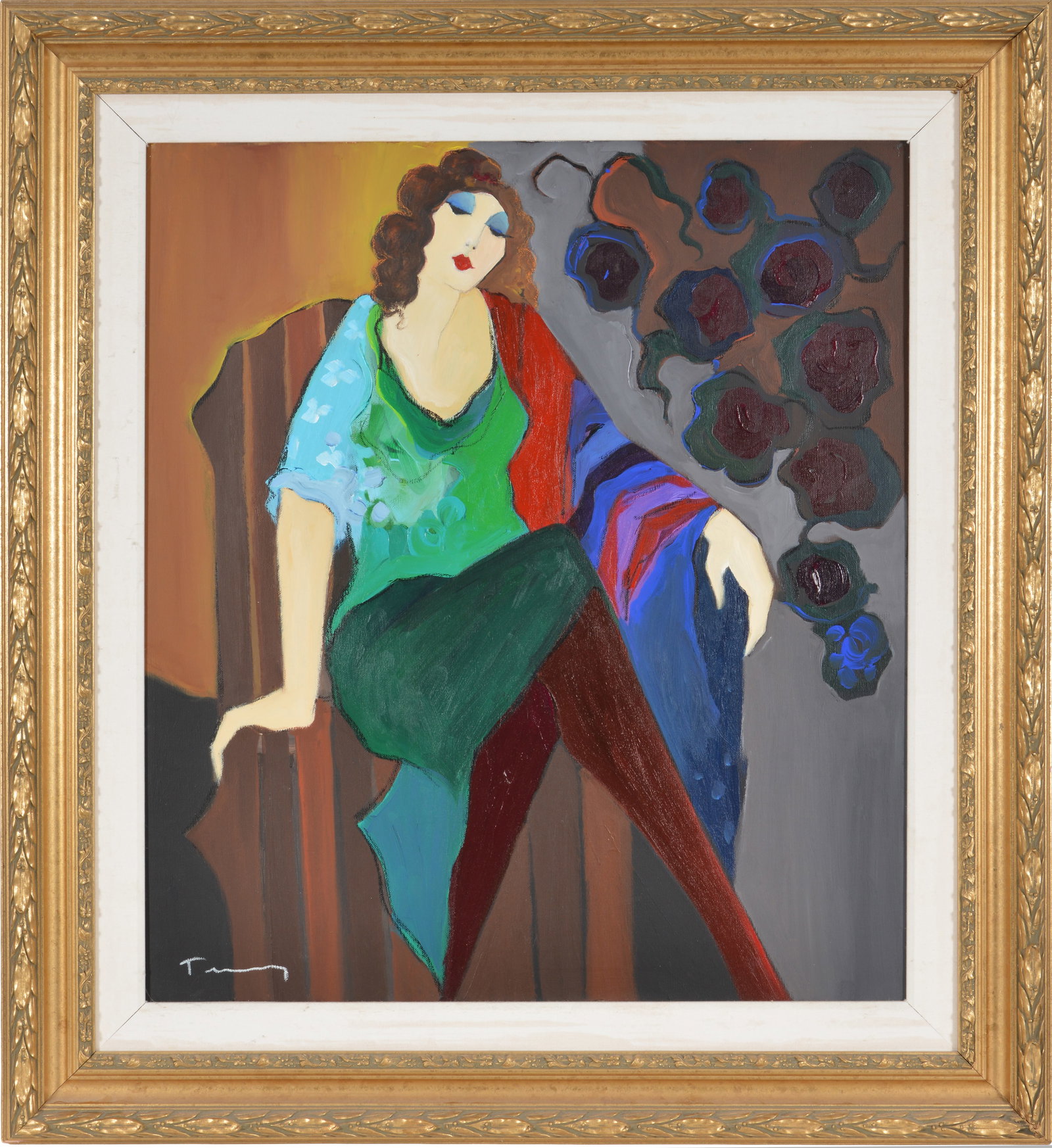 Itzchak Tarkay. Original oil painting of a seated woman. Oil on canvas. Signed lower left. Framed.: Itzchak Tarkay. Original oil painting of a seated woman. Oil on canvas. Signed lower left. Framed. Sight: 32 x 28in. Overall: 38 x 42in.